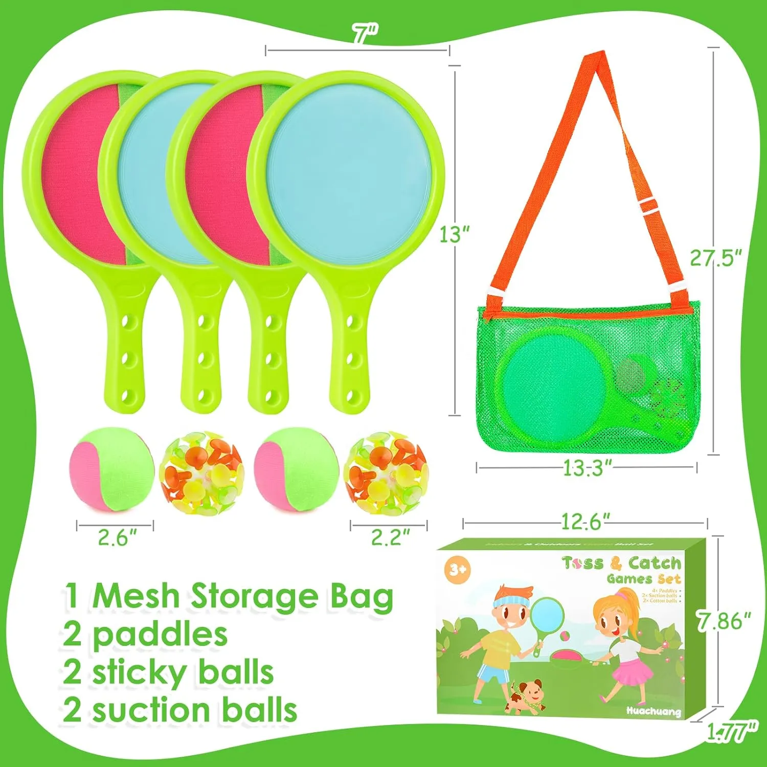 Toss Catch Ball Toys Set: Toddler Outdoor Games for Kids with 4 Paddles 4 Balls - Family Outside Toys with Mesh Beach Toy Bag - Backyard Games Activities for Ages 3-12 Green