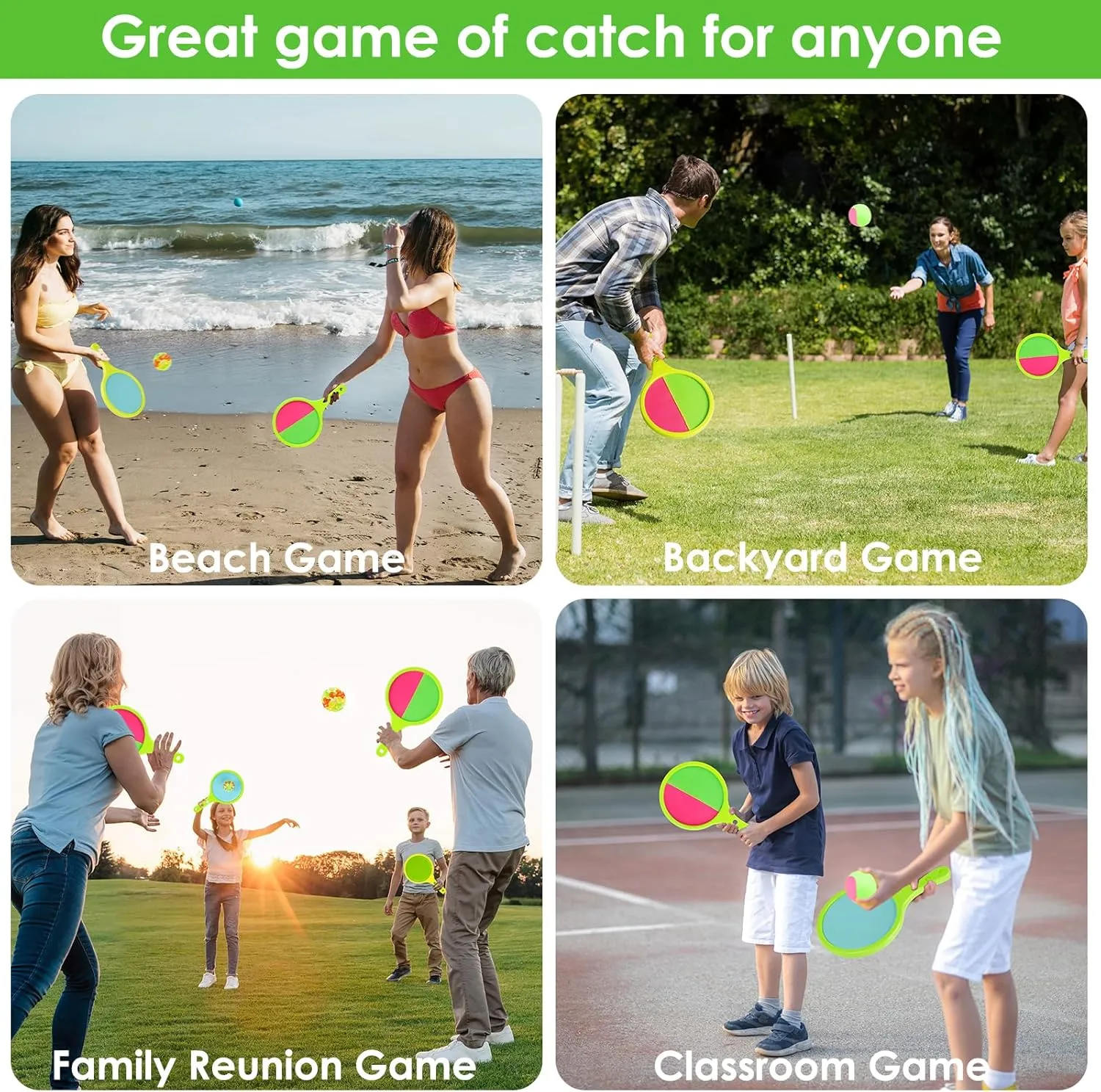 Toss Catch Ball Toys Set: Toddler Outdoor Games for Kids with 4 Paddles 4 Balls - Family Outside Toys with Mesh Beach Toy Bag - Backyard Games Activities for Ages 3-12 Green