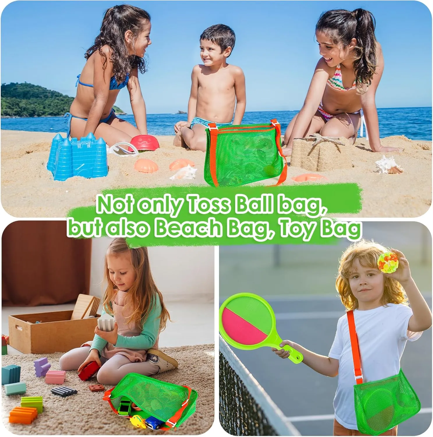 Toss Catch Ball Toys Set: Toddler Outdoor Games for Kids with 4 Paddles 4 Balls - Family Outside Toys with Mesh Beach Toy Bag - Backyard Games Activities for Ages 3-12 Green