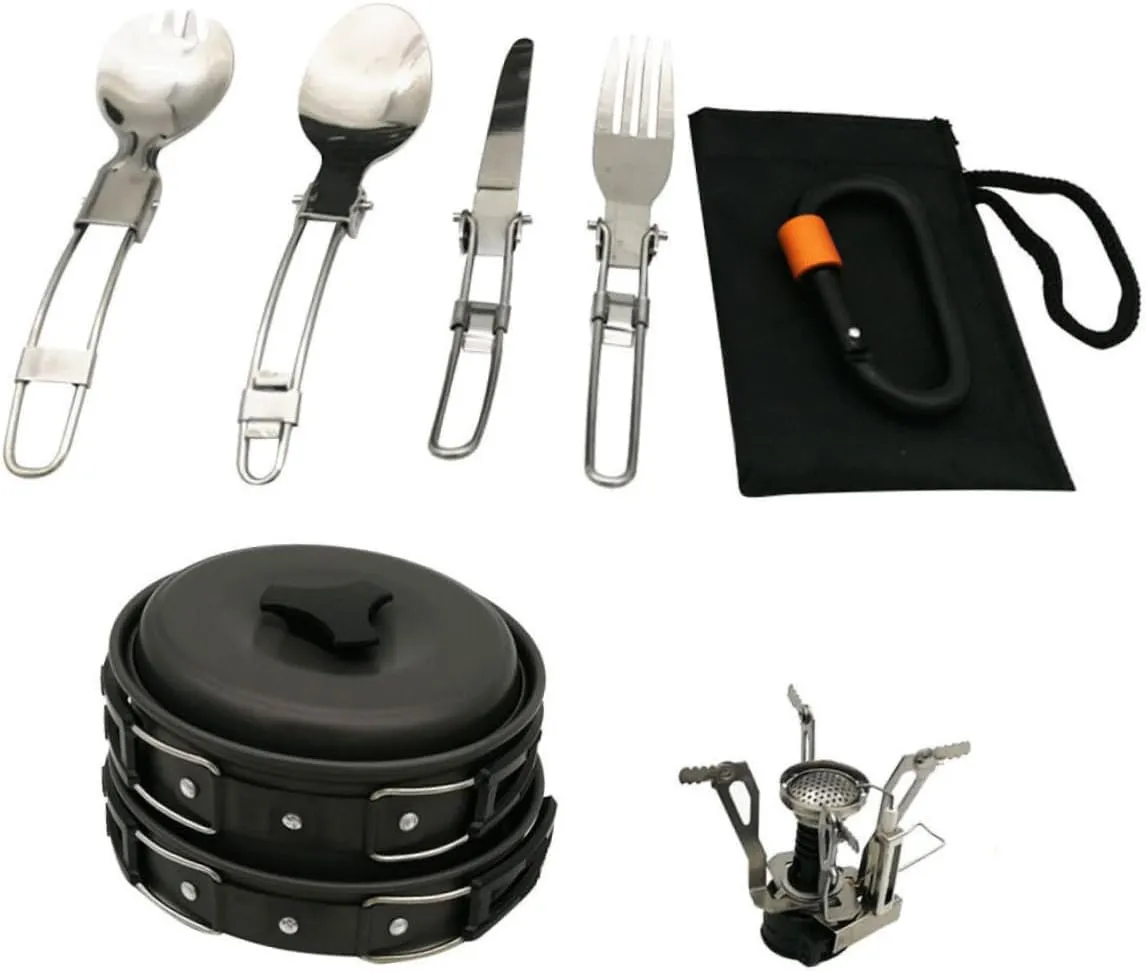 Totority Outdoor Portable Cookware Kit Camping Cookware Set for 1-2 Person Stainless Steel Soup Pot Set Backpacking Gear Tool
