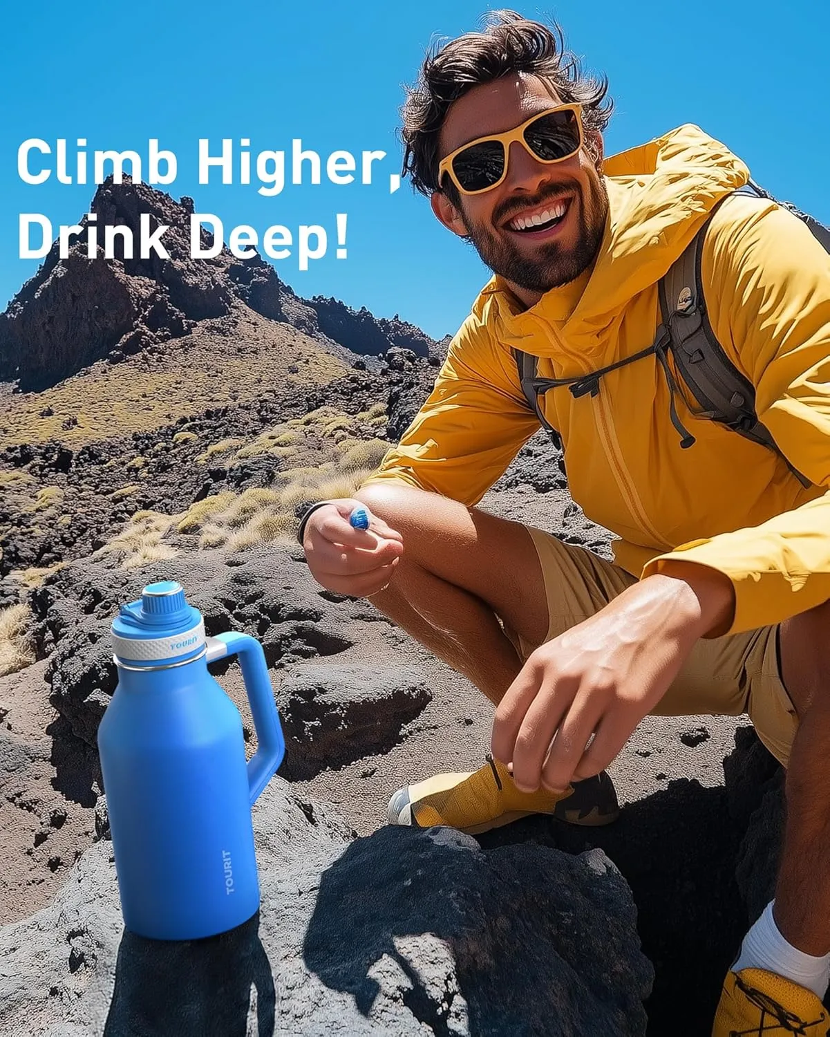 TOURIT 64oz Insulated Water Bottle Stainless Steel, Half Gallon Large Water Jug with 2-in-1 Handle, Double Wall Vacuum Metal Keep Cold & Hot, Wide Mouth Sport Water Flask For Gym, Travel, Blue