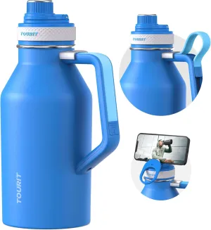 TOURIT 64oz Insulated Water Bottle Stainless Steel, Half Gallon Large Water Jug with 2-in-1 Handle, Double Wall Vacuum Metal Keep Cold & Hot, Wide Mouth Sport Water Flask For Gym, Travel, Blue