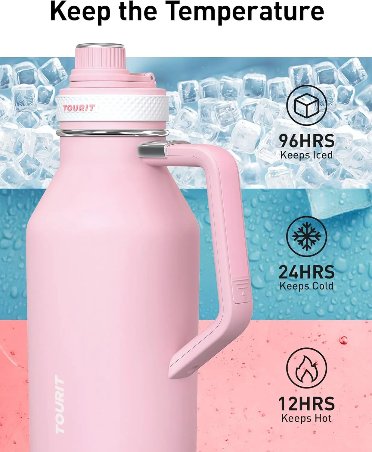 TOURIT 64oz Insulated Water Bottle Stainless Steel, Half Gallon Large Water Jug with 2-in-1 Handle, Double Wall Vacuum Metal Keep Cold & Hot, Wide Mouth Sport Water Flask For Gym, Travel, Blue