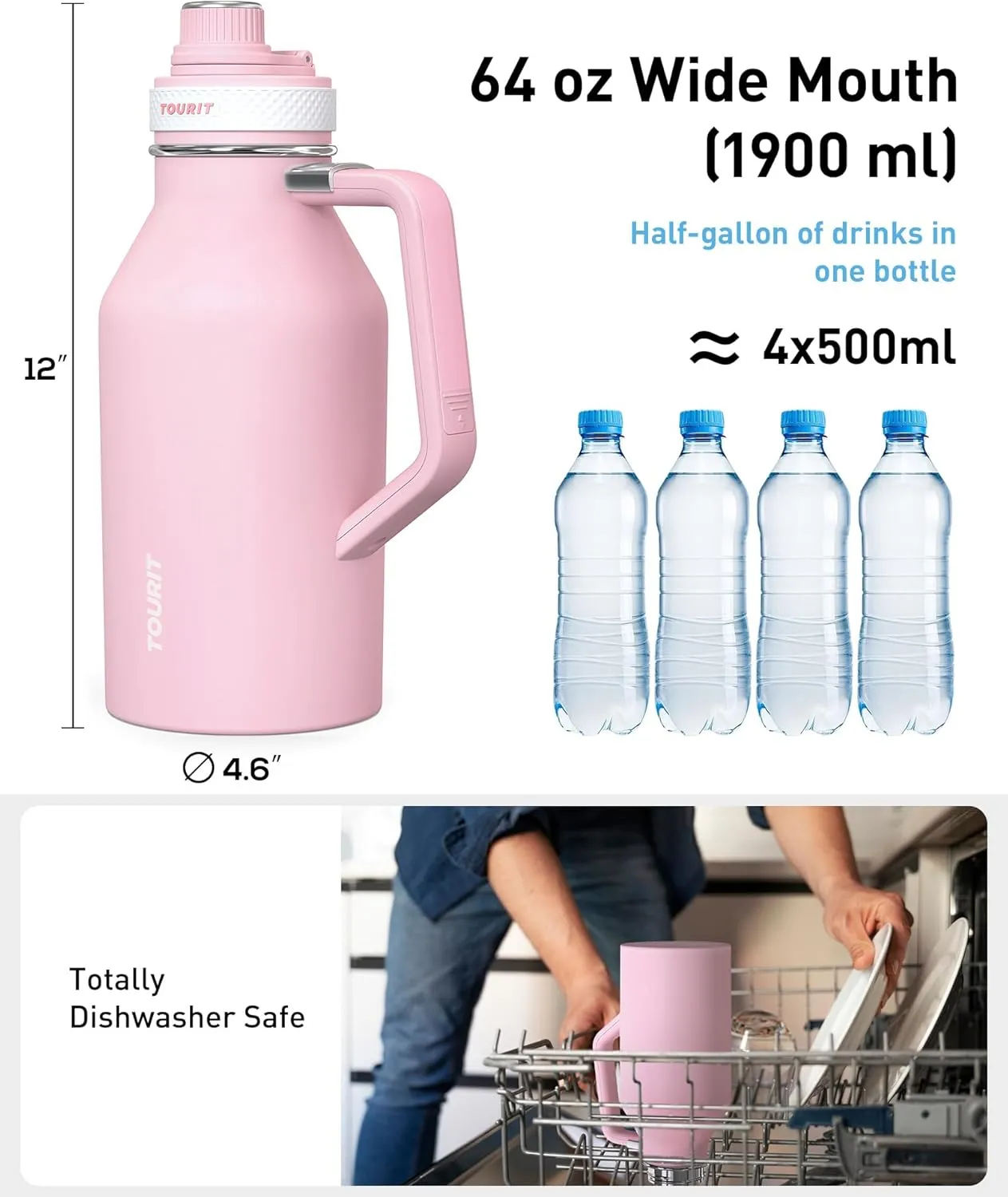 TOURIT 64oz Insulated Water Bottle Stainless Steel, Half Gallon Large Water Jug with 2-in-1 Handle, Double Wall Vacuum Metal Keep Cold & Hot, Wide Mouth Sport Water Flask For Gym, Travel, Blue