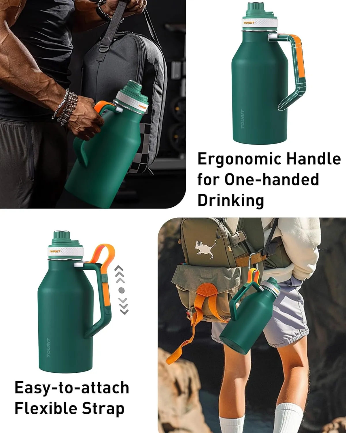 TOURIT 64oz Insulated Water Bottle Stainless Steel, Half Gallon Large Water Jug with 2-in-1 Handle, Double Wall Vacuum Metal Keep Cold & Hot, Wide Mouth Sport Water Flask For Gym, Travel, Blue