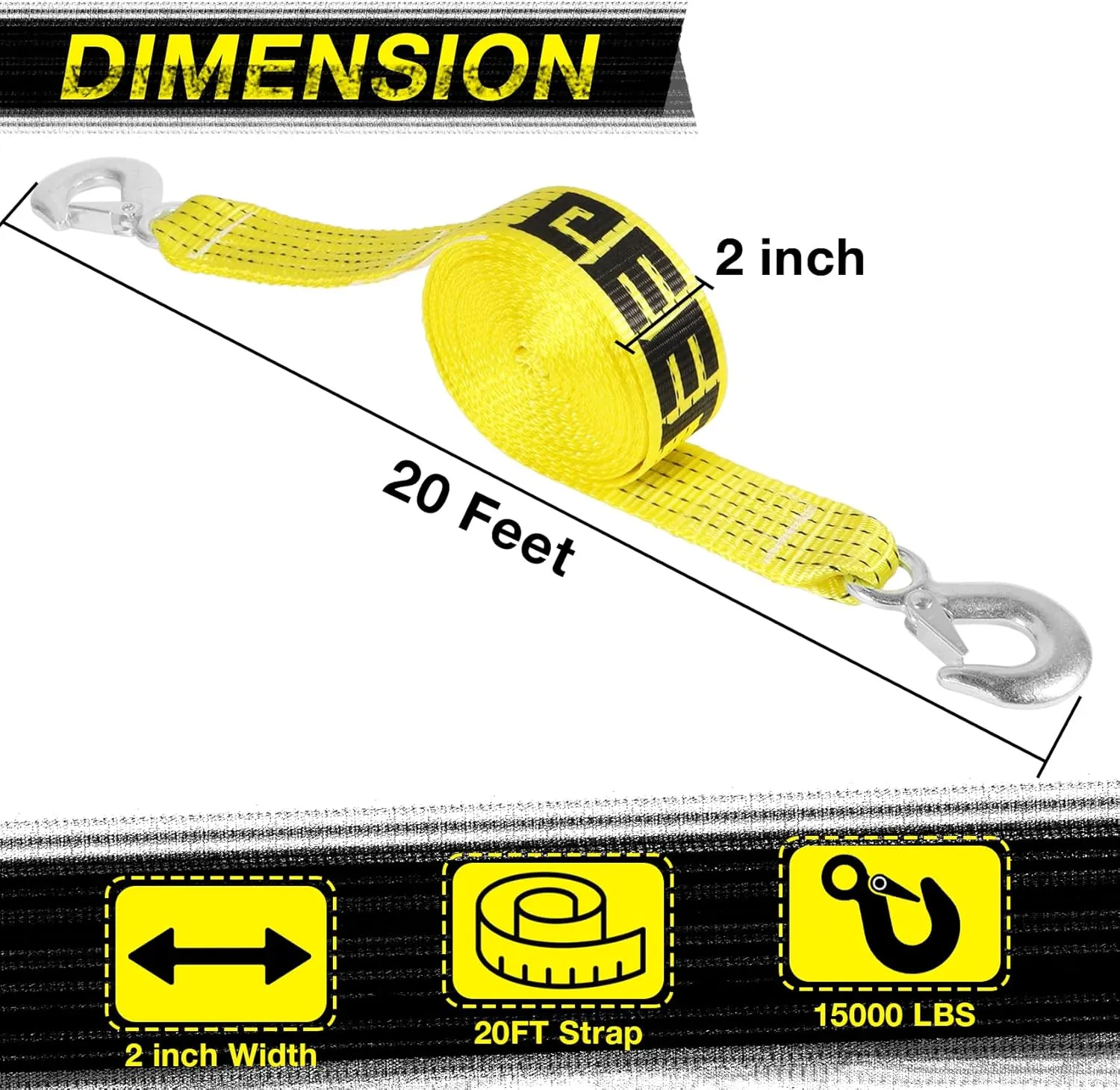 Tow Strap with Hooks, 2" x 20ft Emergency Recovery Towing Strap 15000 lbs Heavy Duty Tree Saver Winch Strap Towing Rope Acessories for Trucks, ATV, SUV, Vehicles, Roadside