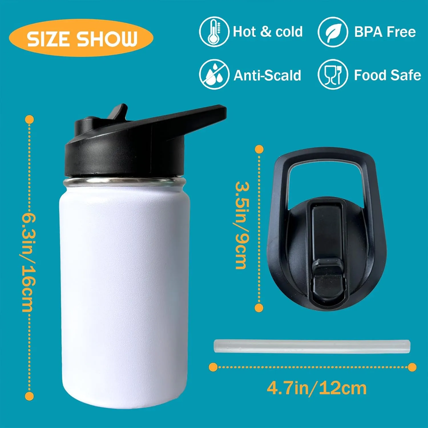 tractor Kids Water Bottle for School with Straw Lid,12oz Stainless Steel Insulated Water Bottle for Boys & Girls,Leak Proof Lid with Handle & Touch Free Spout (A05)