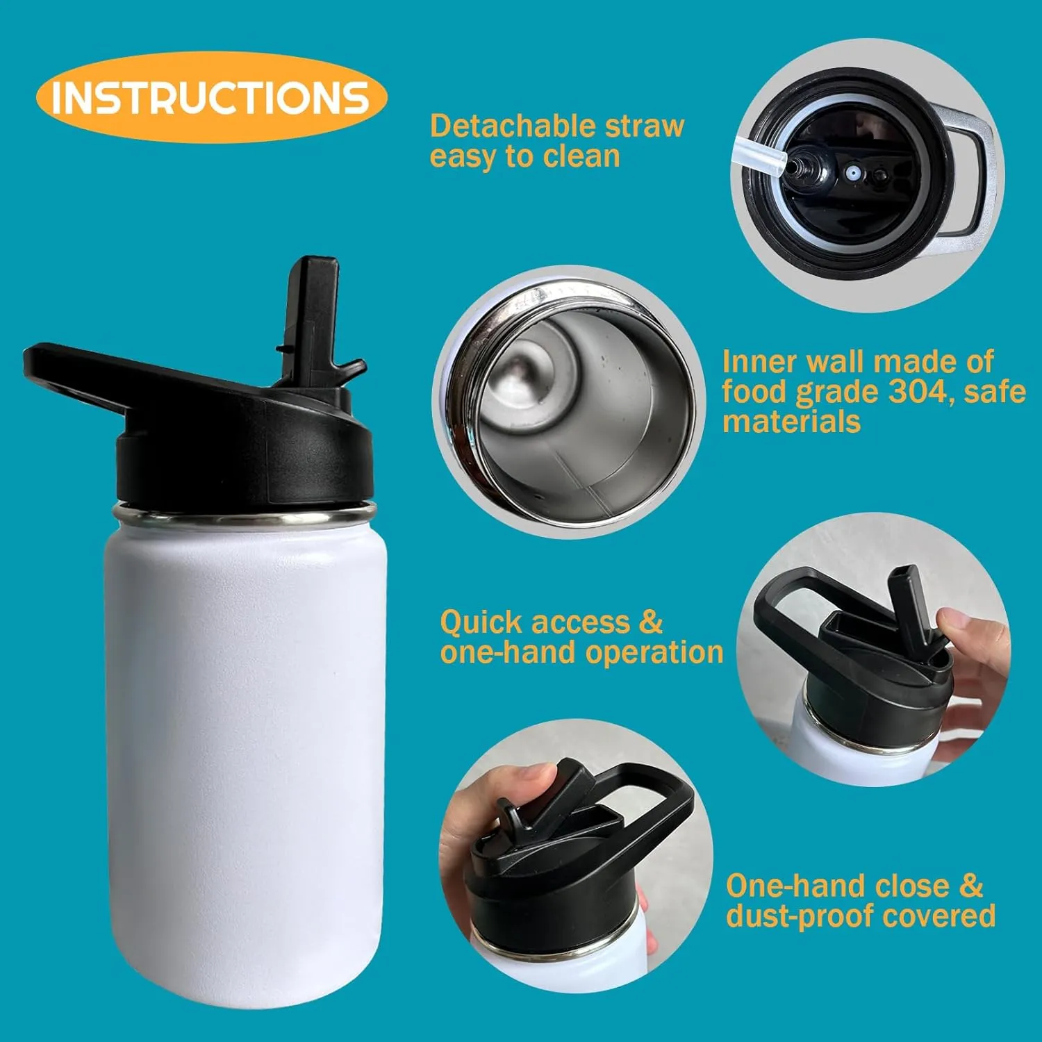 tractor Kids Water Bottle for School with Straw Lid,12oz Stainless Steel Insulated Water Bottle for Boys & Girls,Leak Proof Lid with Handle & Touch Free Spout (A05)