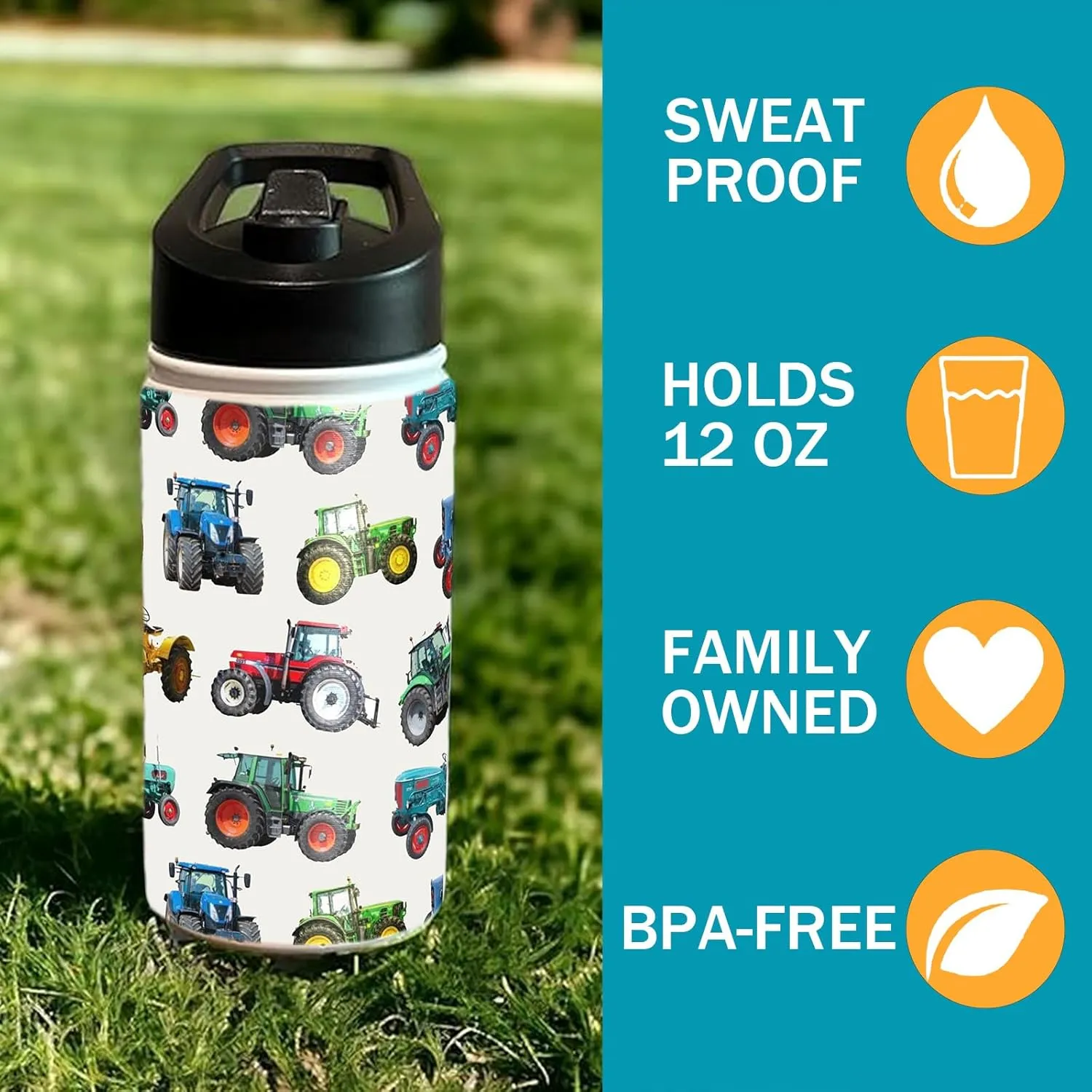 tractor Kids Water Bottle for School with Straw Lid,12oz Stainless Steel Insulated Water Bottle for Boys & Girls,Leak Proof Lid with Handle & Touch Free Spout (A05)