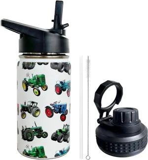 tractor Kids Water Bottle for School with Straw Lid,12oz Stainless Steel Insulated Water Bottle for Boys & Girls,Leak Proof Lid with Handle & Touch Free Spout (A05)