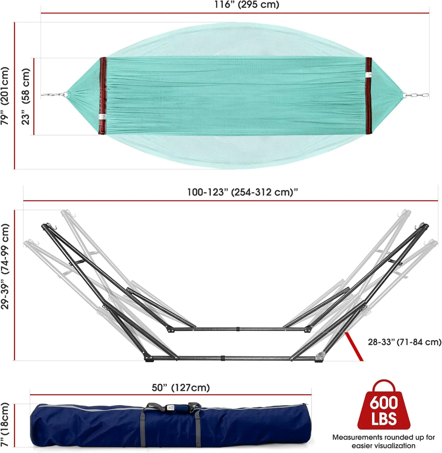 Tranquillo 600lb Capacity 2 Persons Instant Set Up NO Screw Needed Foldable Portable Double Hammock with Stand & Carry Bag for Garden Camping, Sky