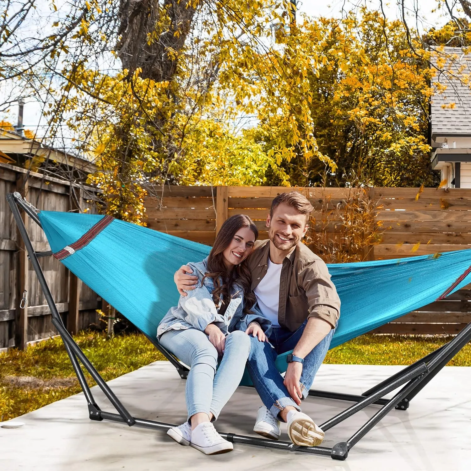 Tranquillo 600lb Capacity 2 Persons Instant Set Up NO Screw Needed Foldable Portable Double Hammock with Stand & Carry Bag for Garden Camping, Sky