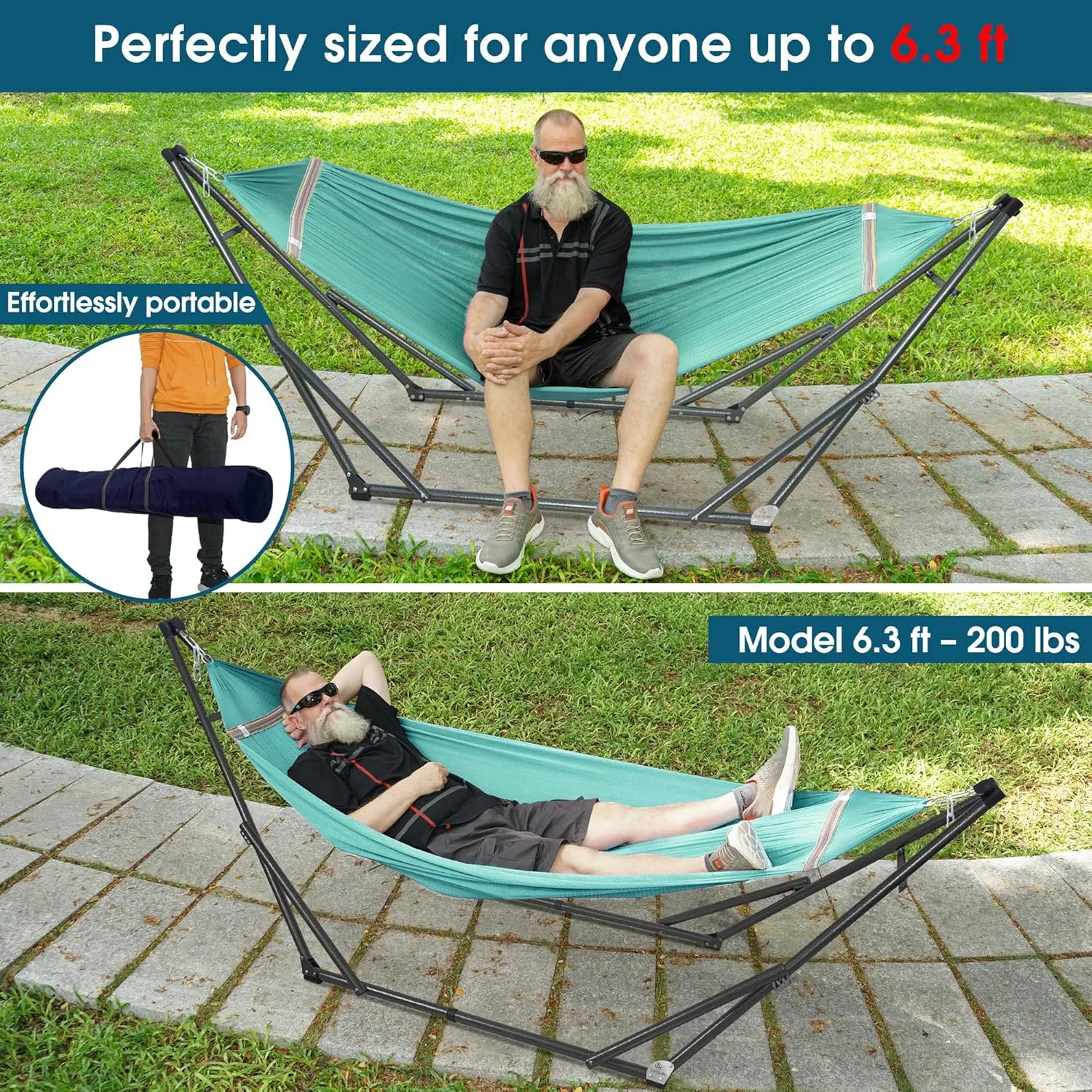 Tranquillo 600lb Capacity 2 Persons Instant Set Up NO Screw Needed Foldable Portable Double Hammock with Stand & Carry Bag for Garden Camping, Sky