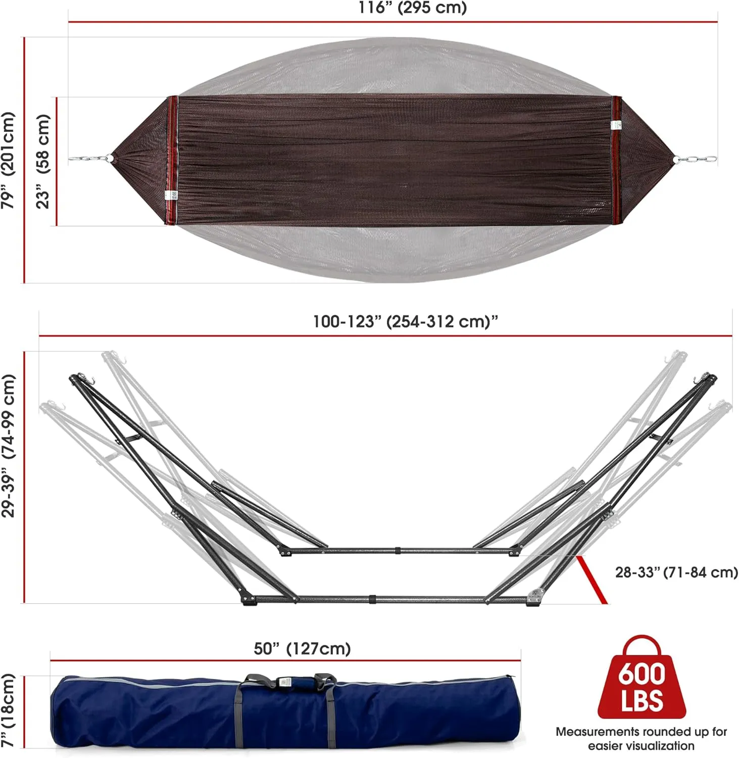 Tranquillo Adjustable Hammock Stand, Collapsible Camping Hammock and Stand, 600 lbs Capacity Double Hammock Stand for 2 Persons, 30 Seconds Assembly Foldable for Camping Travel Picnic Balcony, Brown