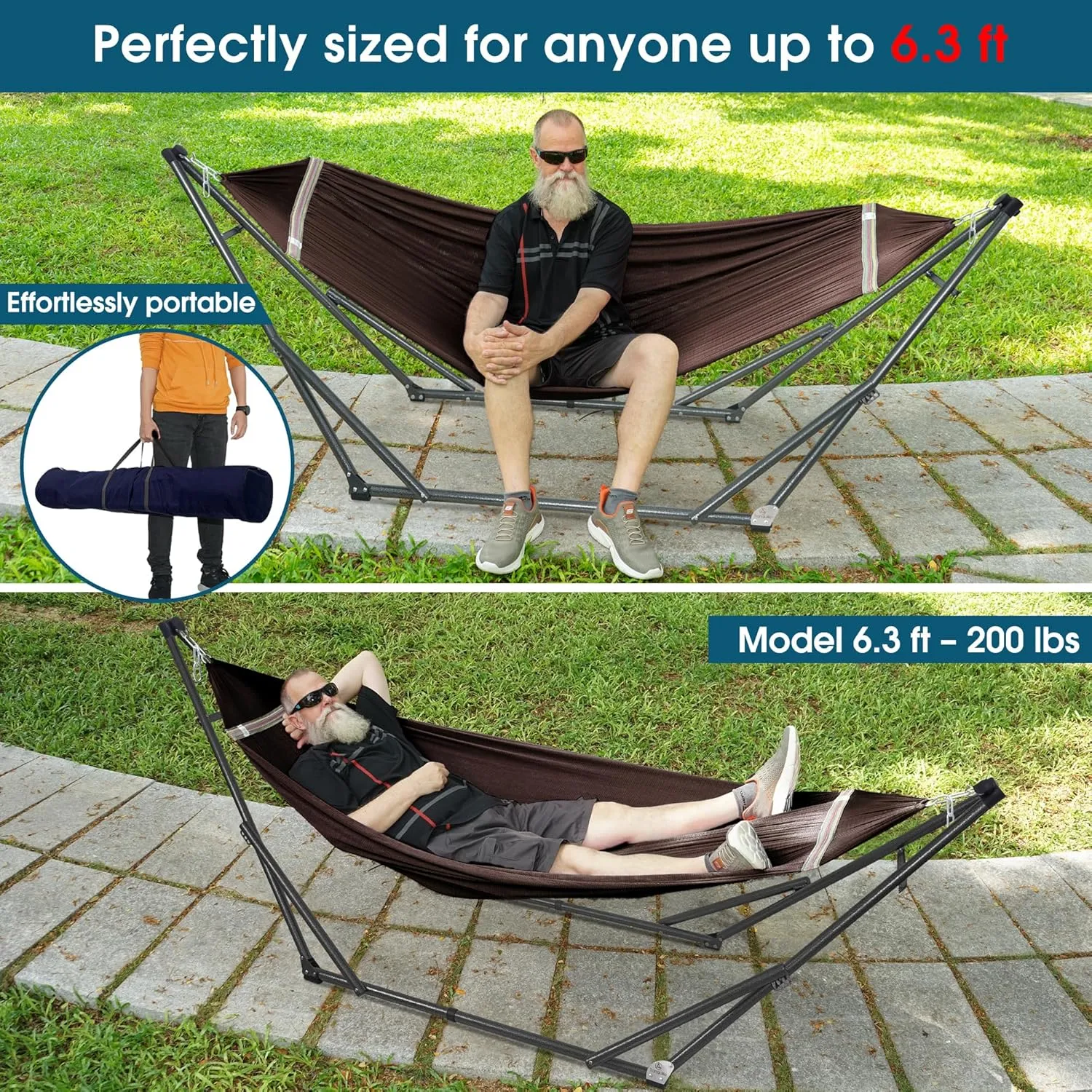 Tranquillo Adjustable Hammock Stand, Collapsible Camping Hammock and Stand, 600 lbs Capacity Double Hammock Stand for 2 Persons, 30 Seconds Assembly Foldable for Camping Travel Picnic Balcony, Brown
