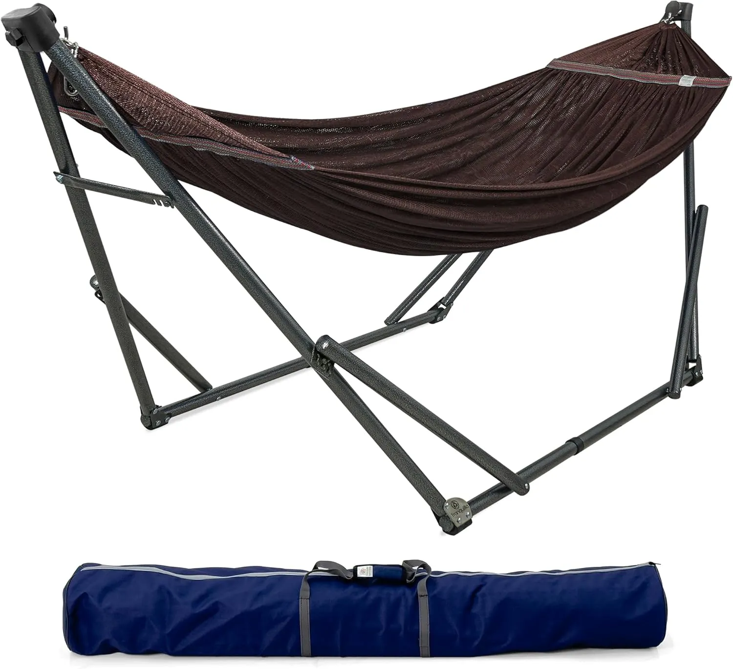 Tranquillo Adjustable Hammock Stand, Collapsible Camping Hammock and Stand, 600 lbs Capacity Double Hammock Stand for 2 Persons, 30 Seconds Assembly Foldable for Camping Travel Picnic Balcony, Brown