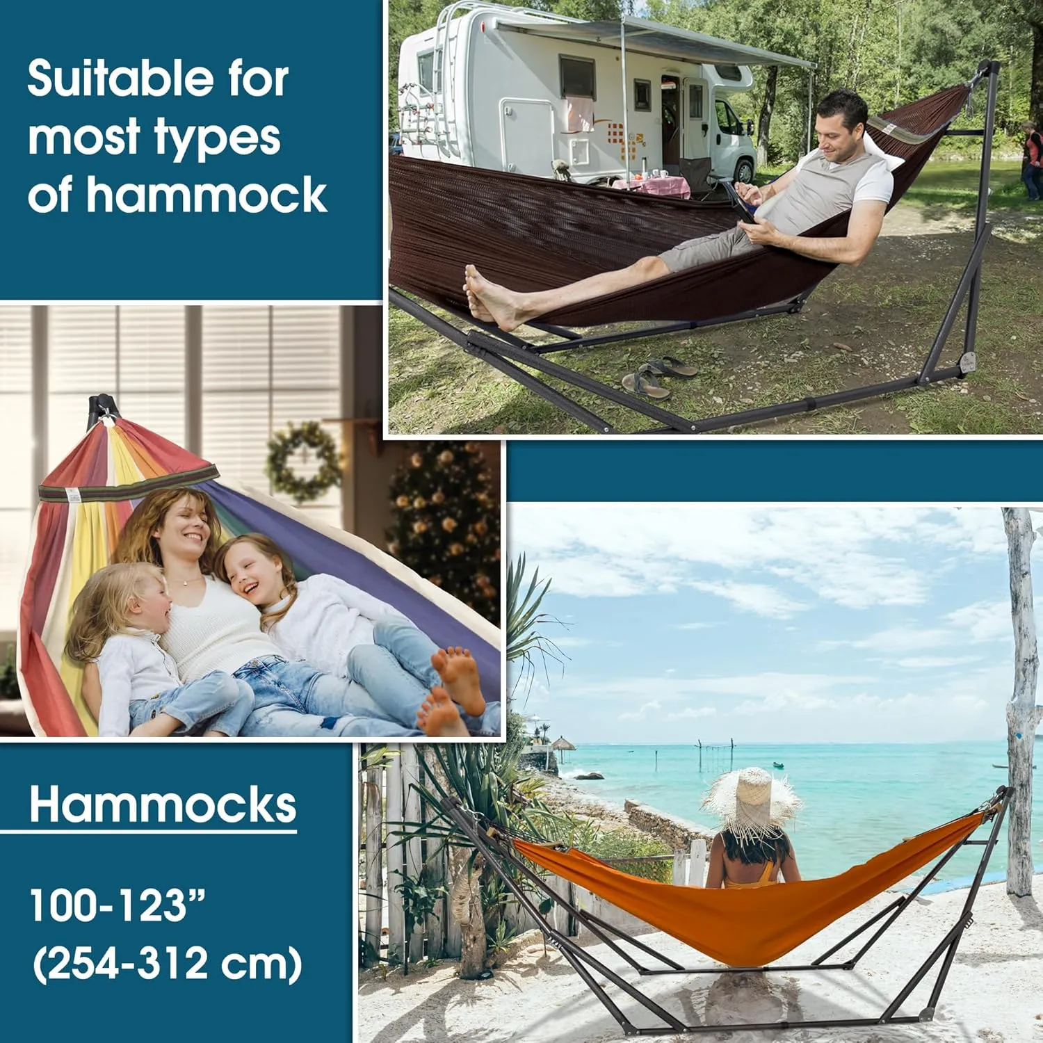 Tranquillo Adjustable Hammock Stand, Collapsible Camping Hammock and Stand, 600 lbs Capacity Double Hammock Stand for 2 Persons, 30 Seconds Assembly Foldable for Camping Travel Picnic Balcony, Brown