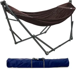 Tranquillo Adjustable Hammock Stand, Collapsible Camping Hammock and Stand, 600 lbs Capacity Double Hammock Stand for 2 Persons, 30 Seconds Assembly Foldable for Camping Travel Picnic Balcony, Brown