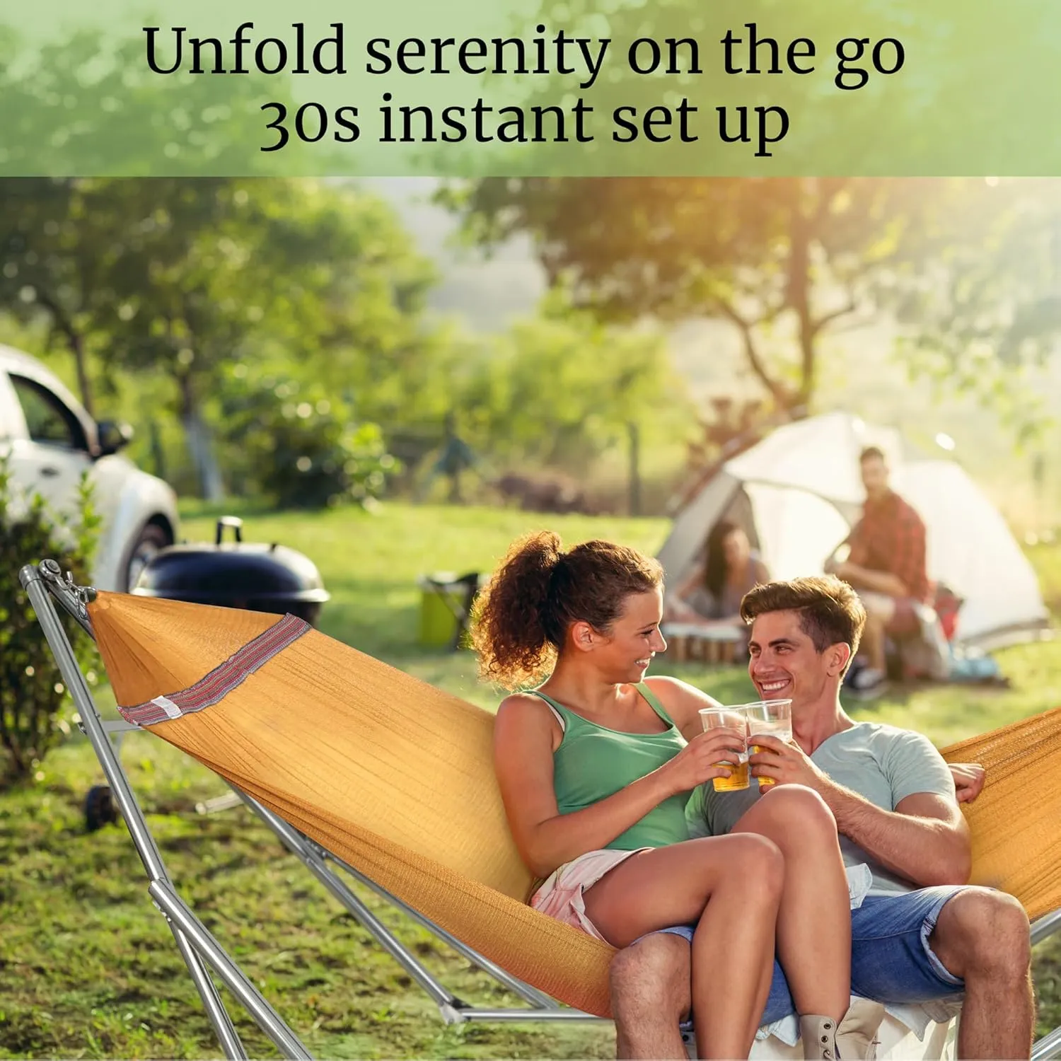 Tranquillo Double Hammock with Stand 650lb Capacity Double Hammock with Spreader Bar, Solid Grade 201 Stainless Steel 30s Set Up, Sturdy Flexible Hammock Stand Portable, Outdoor Indoor, Yellow