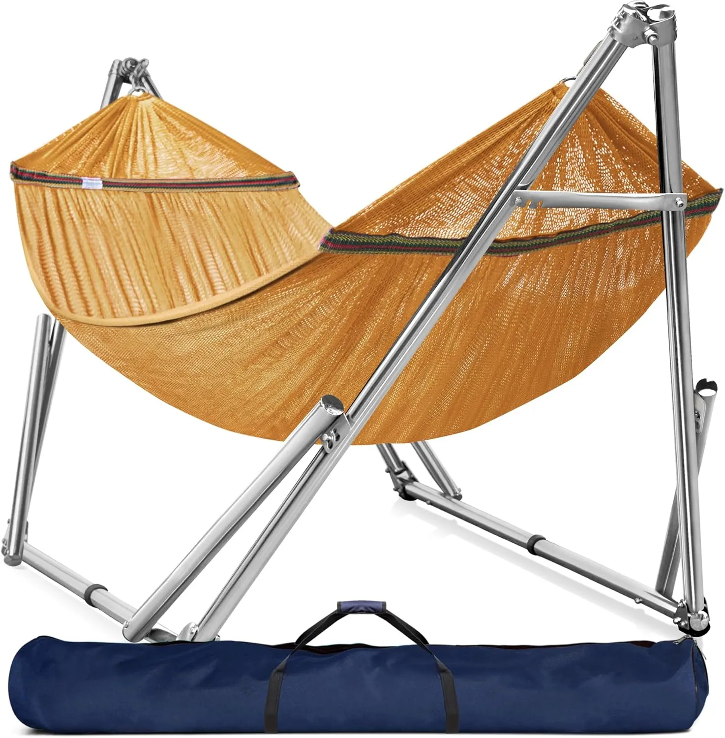 Tranquillo Double Hammock with Stand 650lb Capacity Double Hammock with Spreader Bar, Solid Grade 201 Stainless Steel 30s Set Up, Sturdy Flexible Hammock Stand Portable, Outdoor Indoor, Yellow