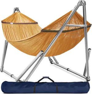 Tranquillo Double Hammock with Stand 650lb Capacity Double Hammock with Spreader Bar, Solid Grade 201 Stainless Steel 30s Set Up, Sturdy Flexible Hammock Stand Portable, Outdoor Indoor, Yellow