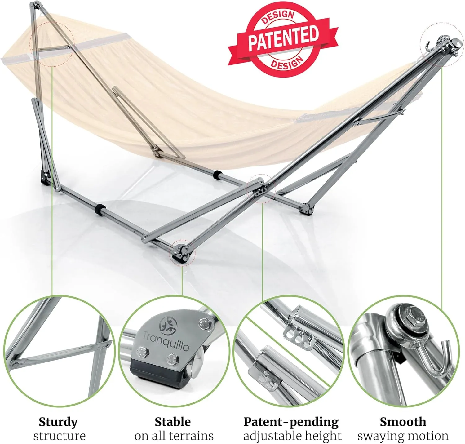 Tranquillo Double Hammock with Stand 650lb Capacity Double Hammock with Spreader Bar, Solid Grade 201 Stainless Steel 30s Set Up, Sturdy Flexible Hammock Stand Portable, Outdoor Indoor, Yellow