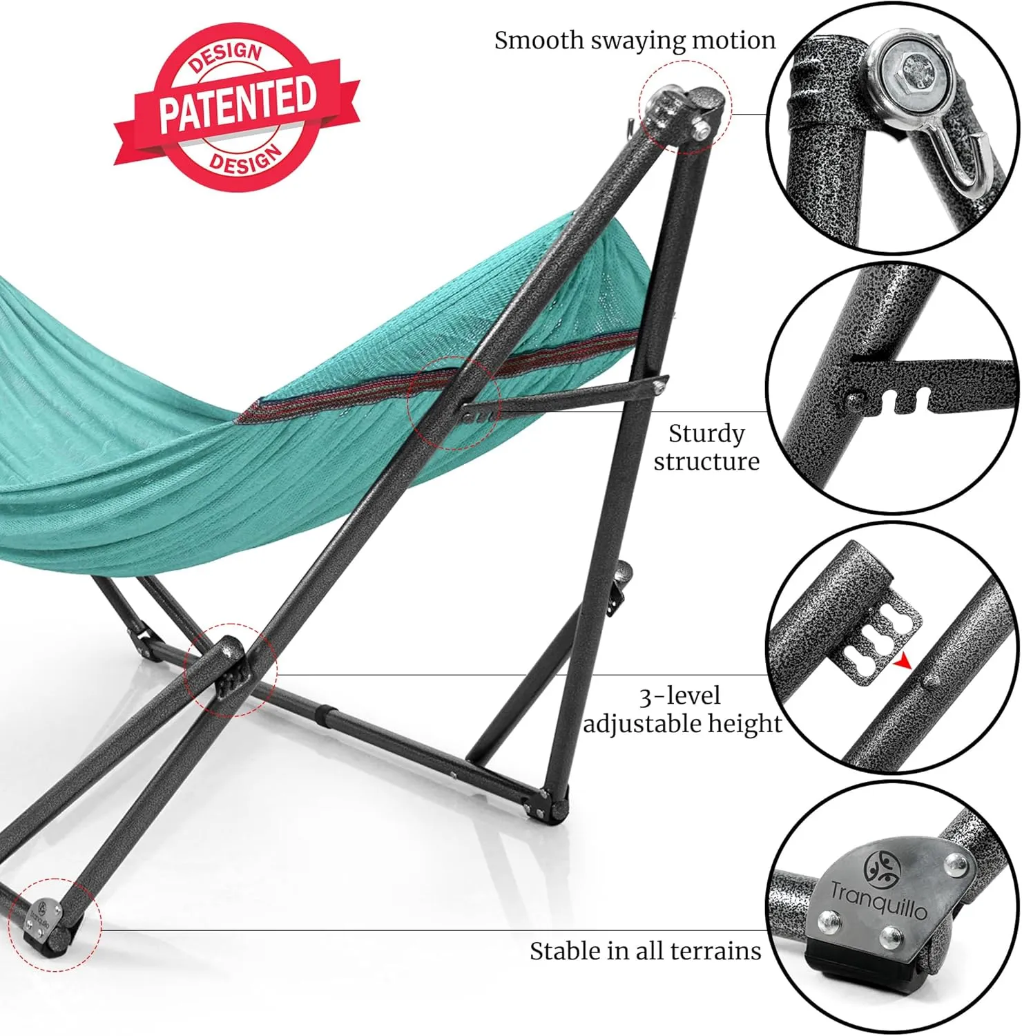 Tranquillo Double Hammock with Stand Included for 2 Persons/Foldable Hammock Stand 600 lbs Capacity Portable Case - Inhouse, Outdoor, Camping, Sky