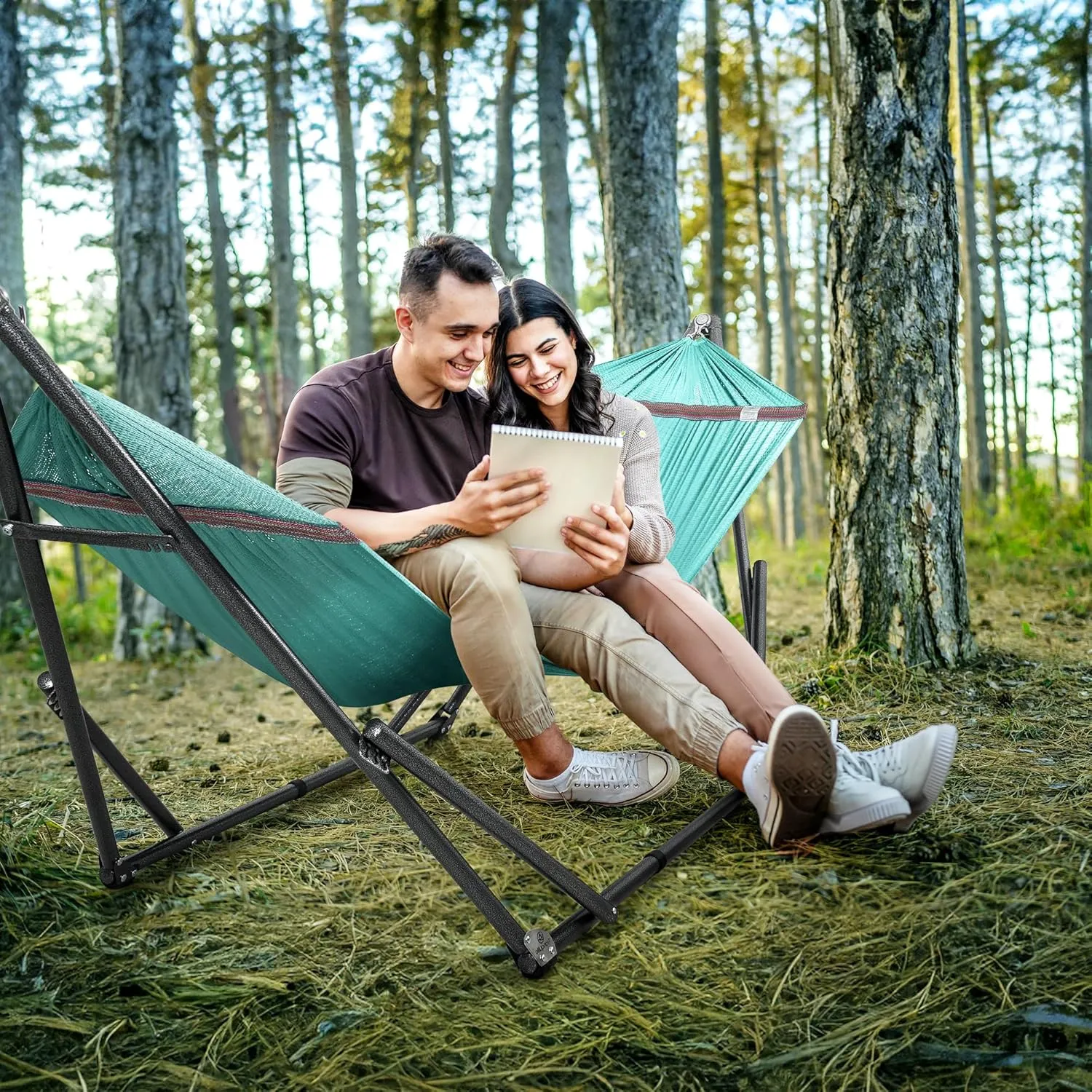 Tranquillo Double Hammock with Stand Included for 2 Persons/Foldable Hammock Stand 600 lbs Capacity Portable Case - Inhouse, Outdoor, Camping, Sky