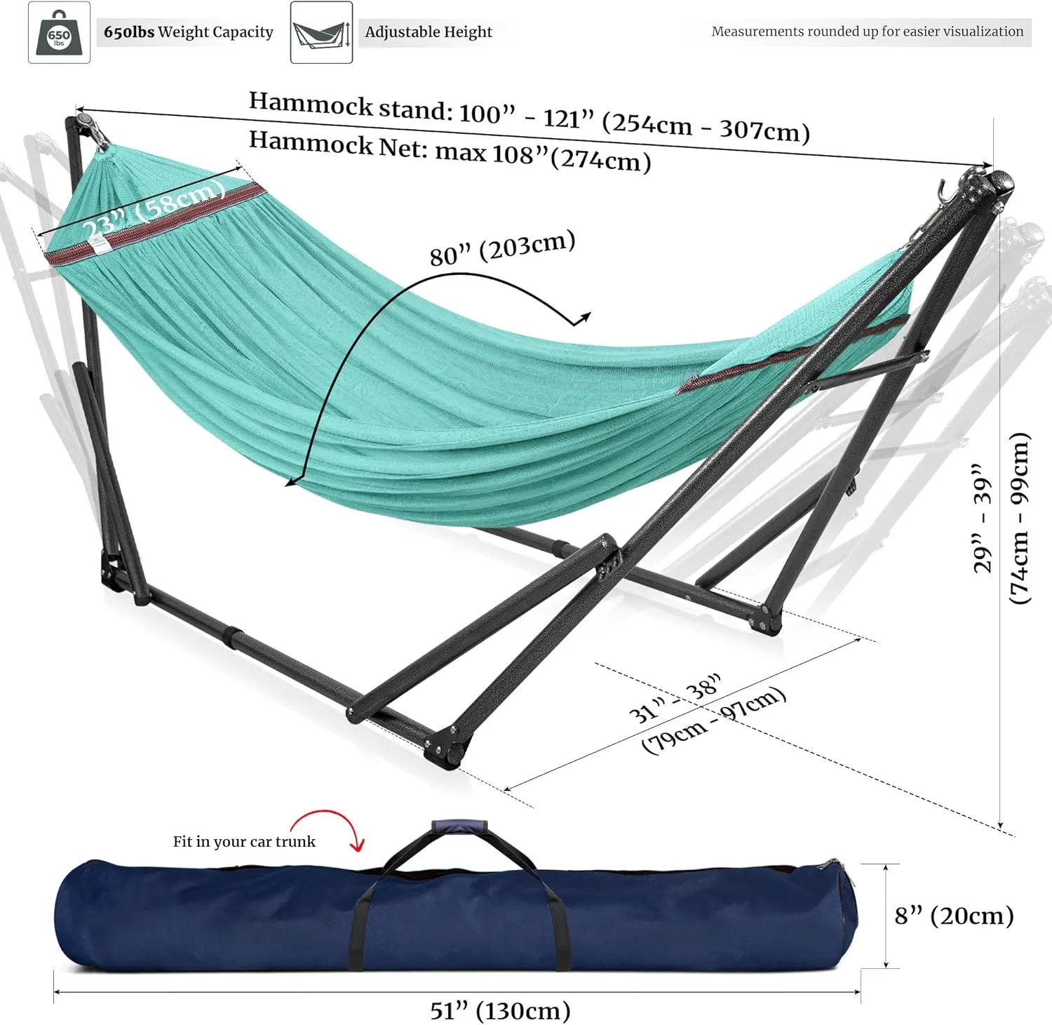 Tranquillo Double Hammock with Stand Included for 2 Persons/Foldable Hammock Stand 600 lbs Capacity Portable Case - Inhouse, Outdoor, Camping, Sky
