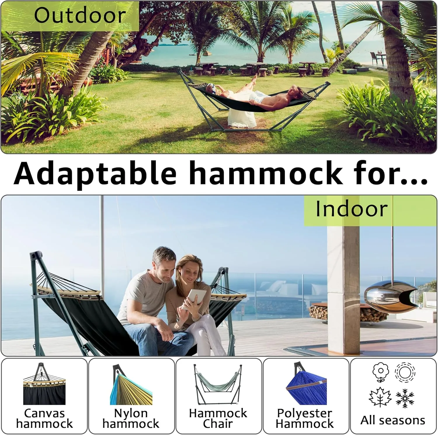 Tranquillo Universal Hammock with Stands Electro Static Coated Steel, Adjustable Foldable Hammock Stand with 2 Layered Polyester Net and Carry Bag for 2 Persons (3. Canvas - Black)
