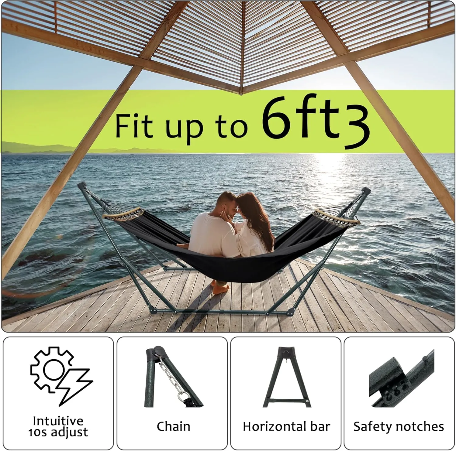 Tranquillo Universal Hammock with Stands Electro Static Coated Steel, Adjustable Foldable Hammock Stand with 2 Layered Polyester Net and Carry Bag for 2 Persons (3. Canvas - Black)