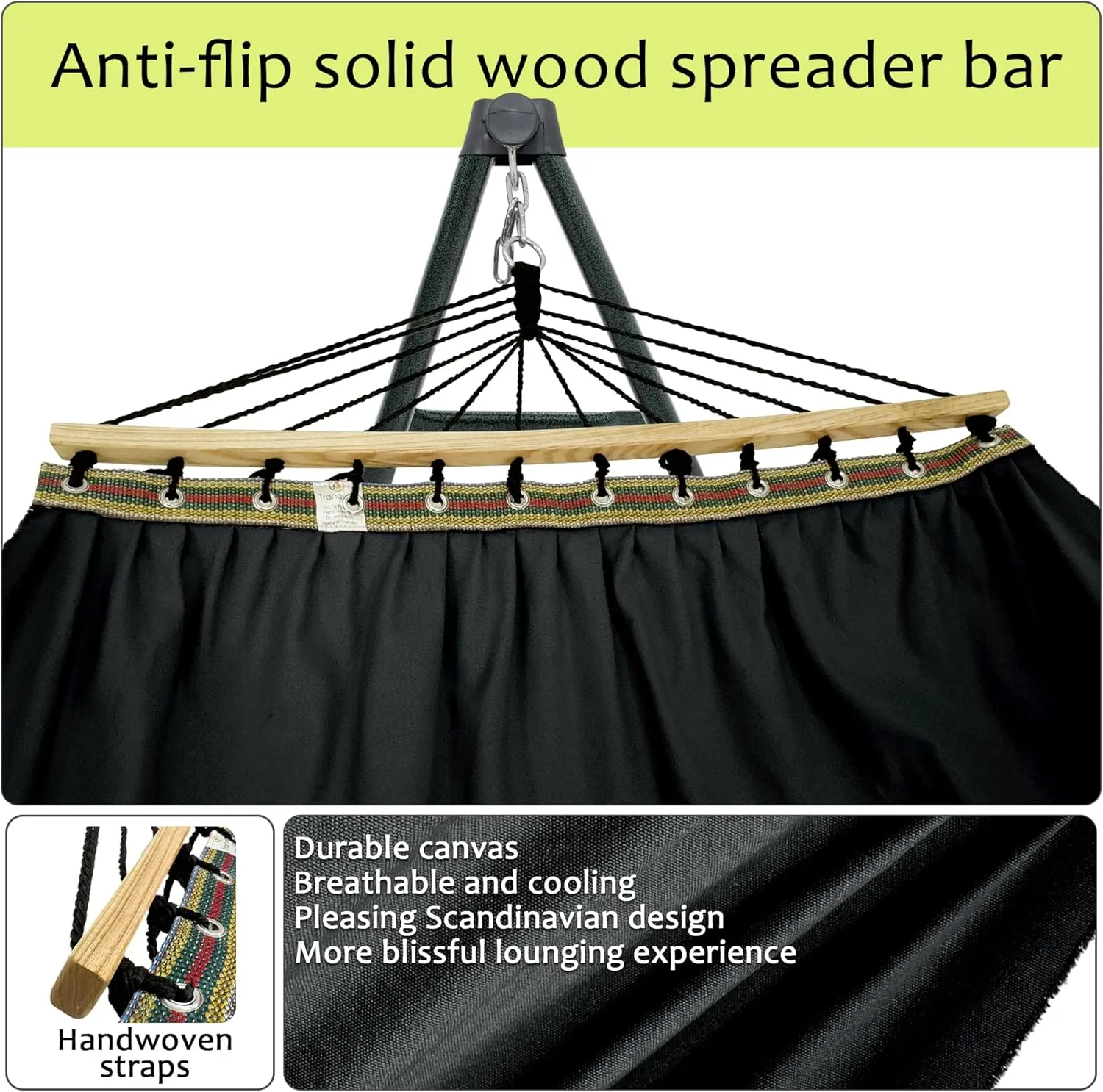 Tranquillo Universal Hammock with Stands Electro Static Coated Steel, Adjustable Foldable Hammock Stand with 2 Layered Polyester Net and Carry Bag for 2 Persons (3. Canvas - Black)