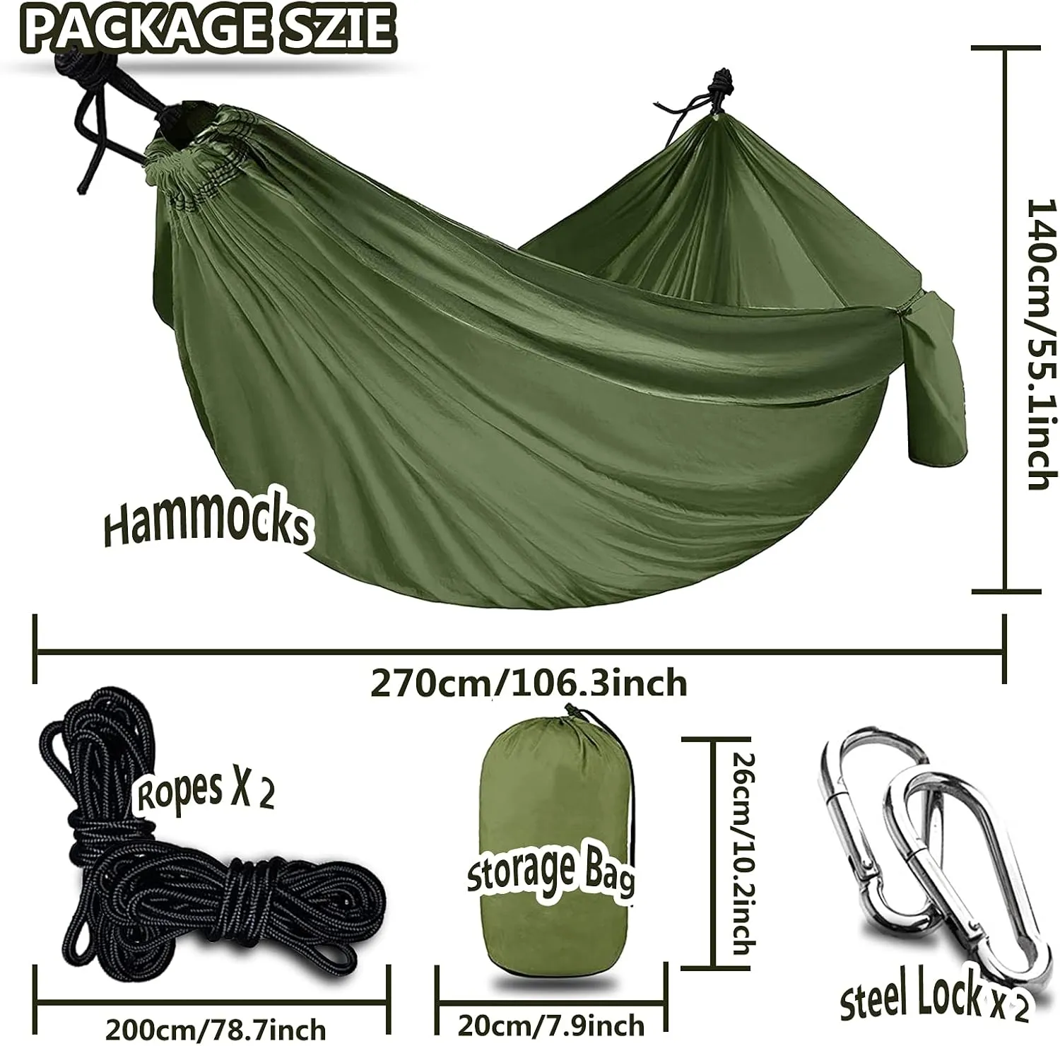 Travel Hammock, Outdoor Portable Hammock, Lightweight Camping Hammock 200kg Load Capacity for Camping, Backpacking, Survival, Outdoor Backyard Hiking,Army Green