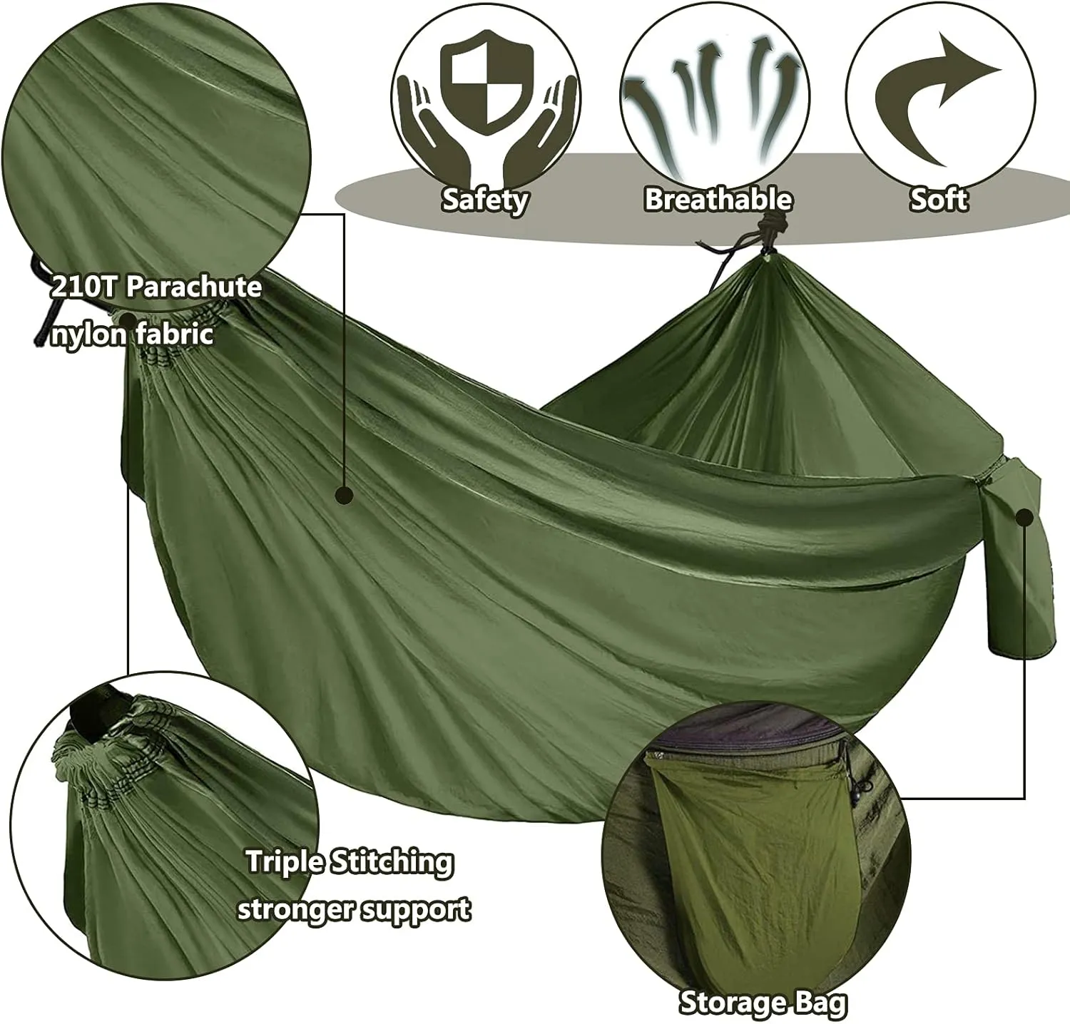 Travel Hammock, Outdoor Portable Hammock, Lightweight Camping Hammock 200kg Load Capacity for Camping, Backpacking, Survival, Outdoor Backyard Hiking,Army Green