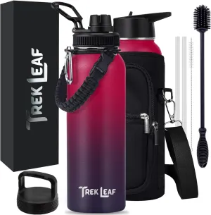 Travel Water Bottle with Carrying Bag, 3 Lids (Spout, Straw, Handle), and Bottle Brush; Leak Proof, Quality, Vacuum Insulated, Stainless Steel (Mixed Berry, 40 oz)