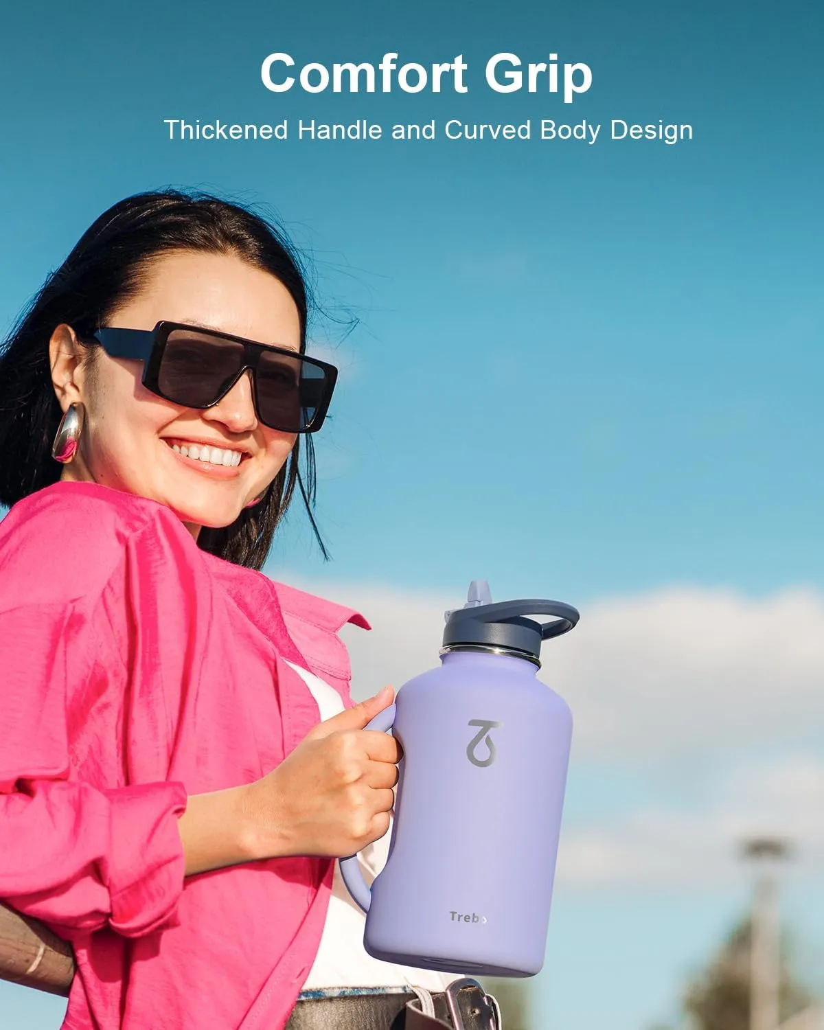 Trebo 64oz Insulated Water Bottle with Handle Straw Spout Lids,Half Gallon Stainless Steel Double Wall Vacuum Flask Metal Large Jug with Handle, Wide Mouth Mug with Strap, Keep Cold Hot,Midnight Blue