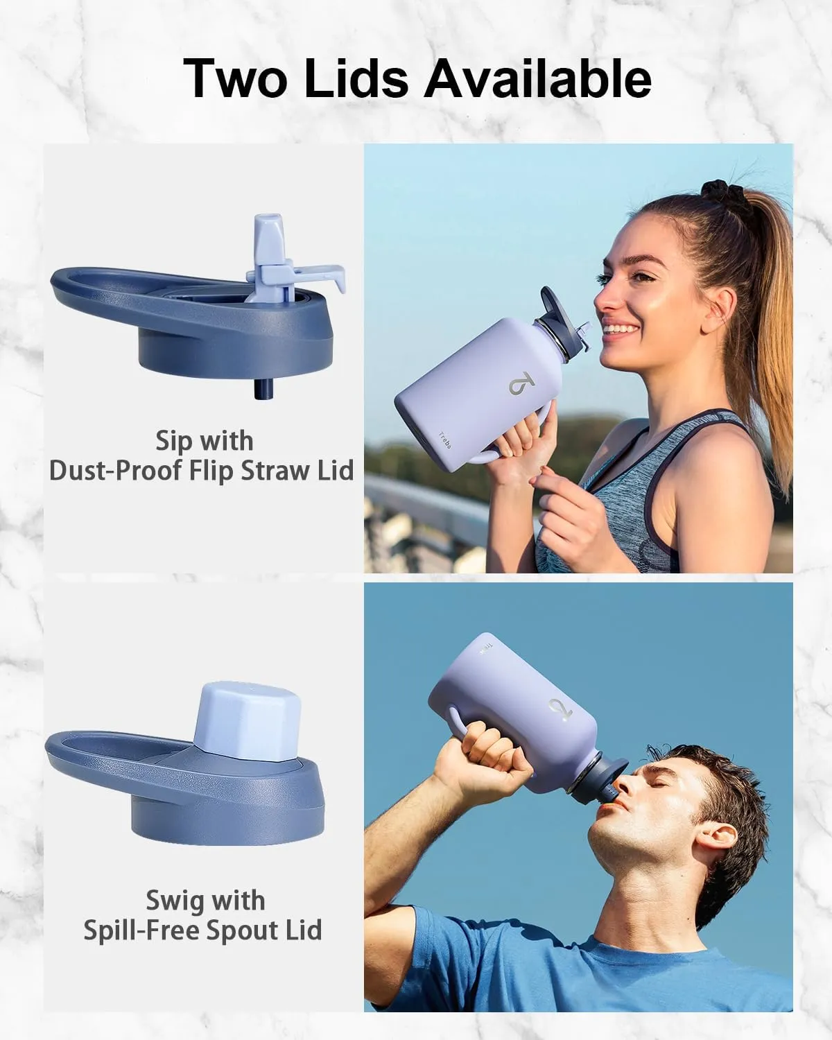 Trebo 64oz Insulated Water Bottle with Handle Straw Spout Lids,Half Gallon Stainless Steel Double Wall Vacuum Flask Metal Large Jug with Handle, Wide Mouth Mug with Strap, Keep Cold Hot,Midnight Blue