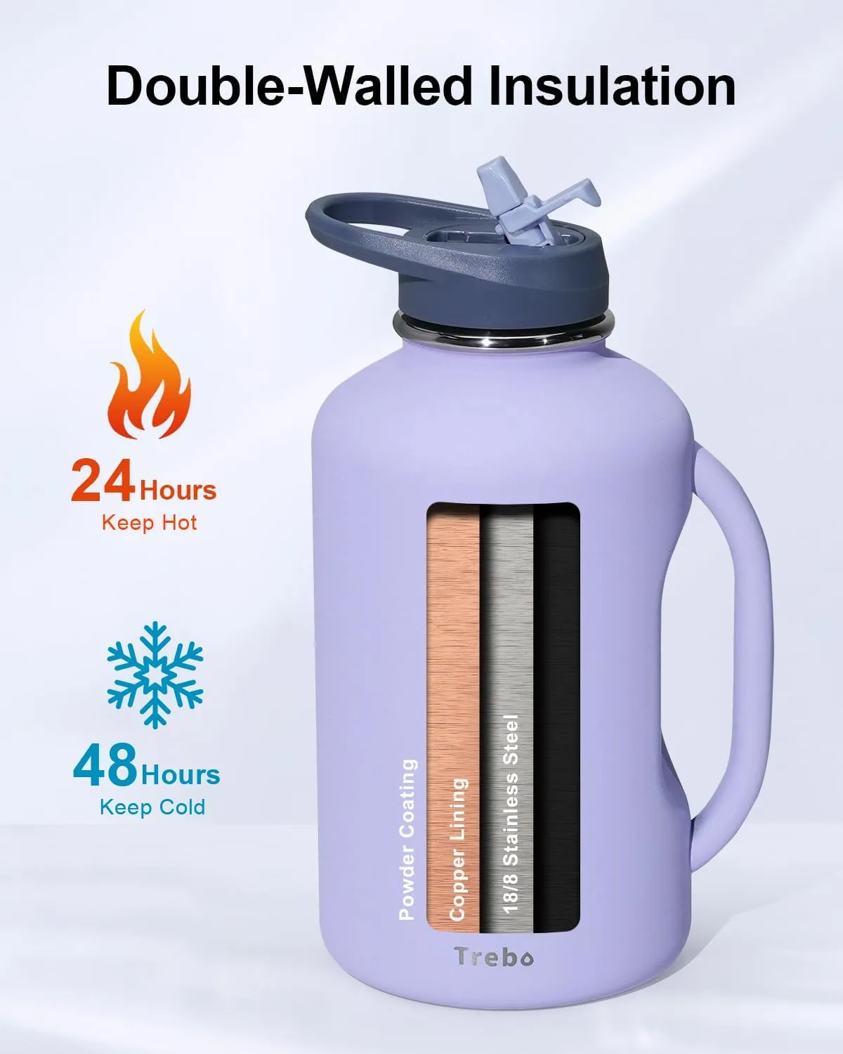 Trebo 64oz Insulated Water Bottle with Handle Straw Spout Lids,Half Gallon Stainless Steel Double Wall Vacuum Flask Metal Large Jug with Handle, Wide Mouth Mug with Strap, Keep Cold Hot,Midnight Blue
