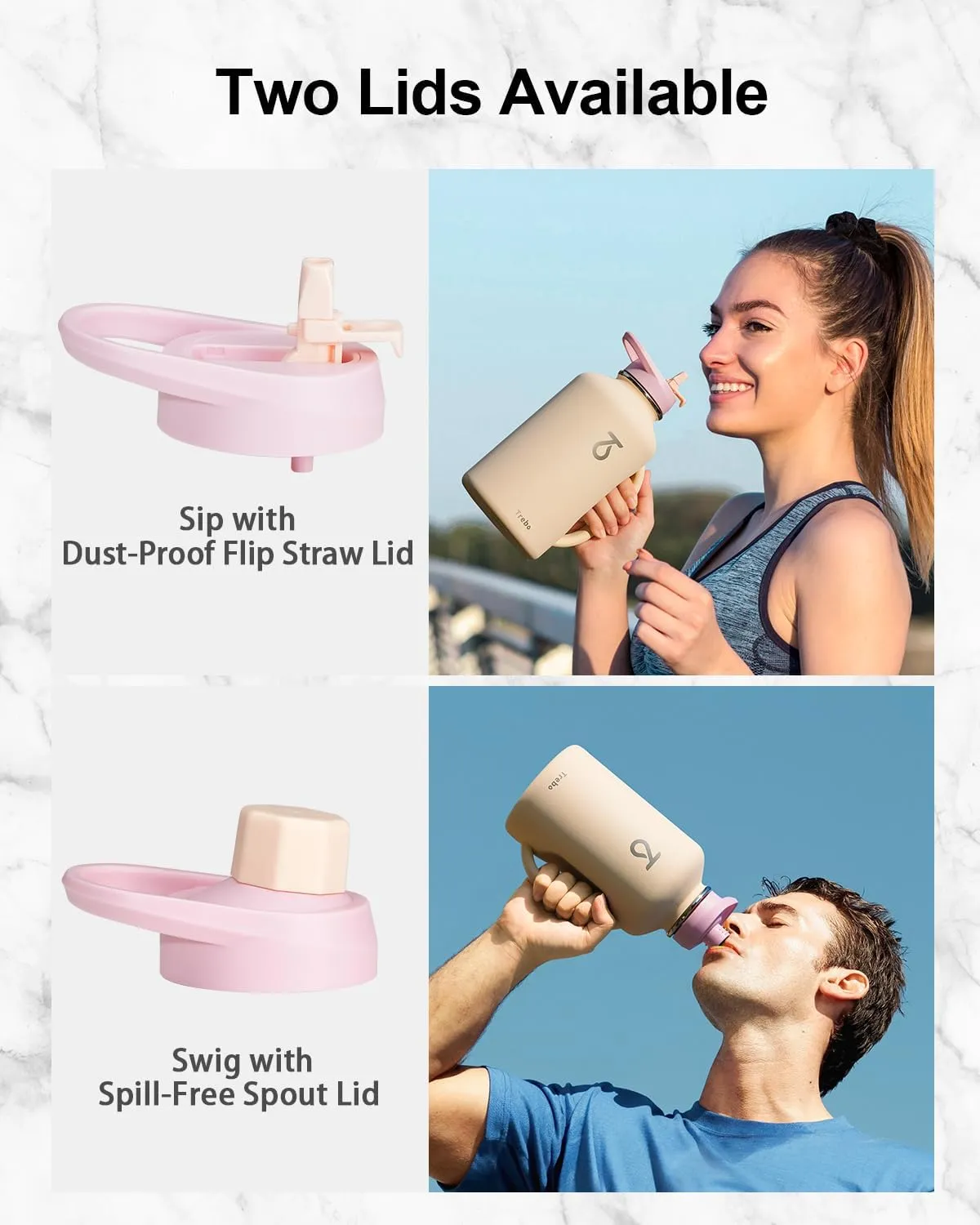 Trebo Half Gallon Water Bottle Insulated 64oz with Handle,Double Wall Vacuum Large Water Jug,Stainless Steel Water Bottle Flask,Gym Water Bottles For Men with Straw Spout Lids Strap,Nude Pink