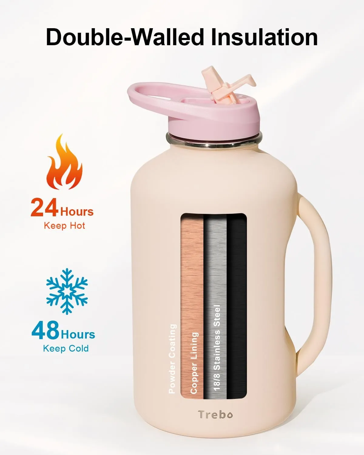 Trebo Half Gallon Water Bottle Insulated 64oz with Handle,Double Wall Vacuum Large Water Jug,Stainless Steel Water Bottle Flask,Gym Water Bottles For Men with Straw Spout Lids Strap,Nude Pink