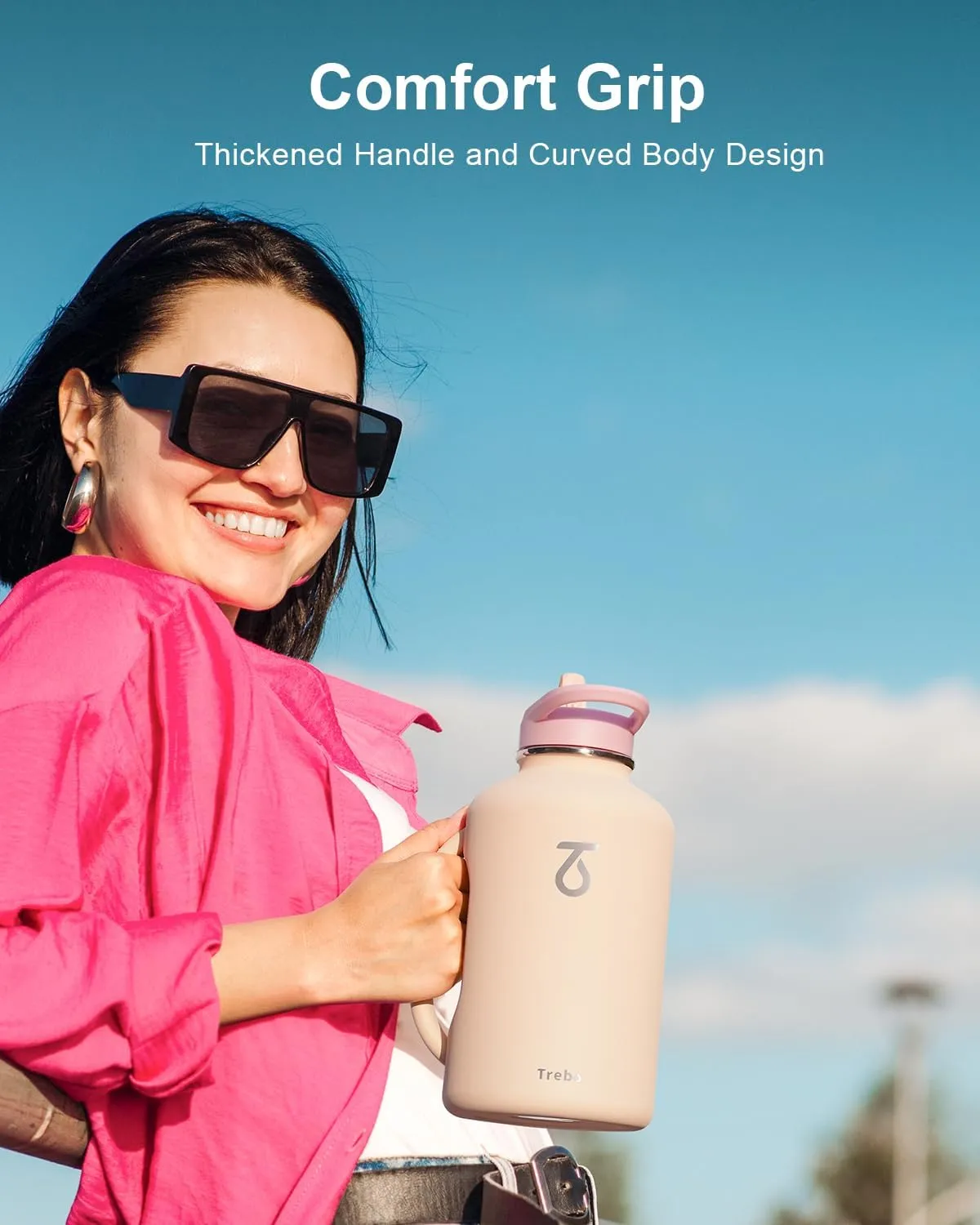 Trebo Half Gallon Water Bottle Insulated 64oz with Handle,Double Wall Vacuum Large Water Jug,Stainless Steel Water Bottle Flask,Gym Water Bottles For Men with Straw Spout Lids Strap,Nude Pink