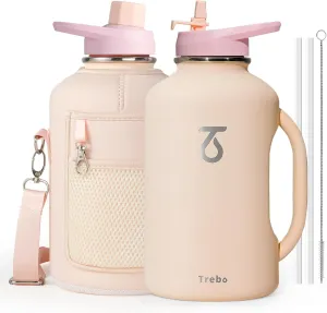 Trebo Half Gallon Water Bottle Insulated 64oz with Handle,Double Wall Vacuum Large Water Jug,Stainless Steel Water Bottle Flask,Gym Water Bottles For Men with Straw Spout Lids Strap,Nude Pink
