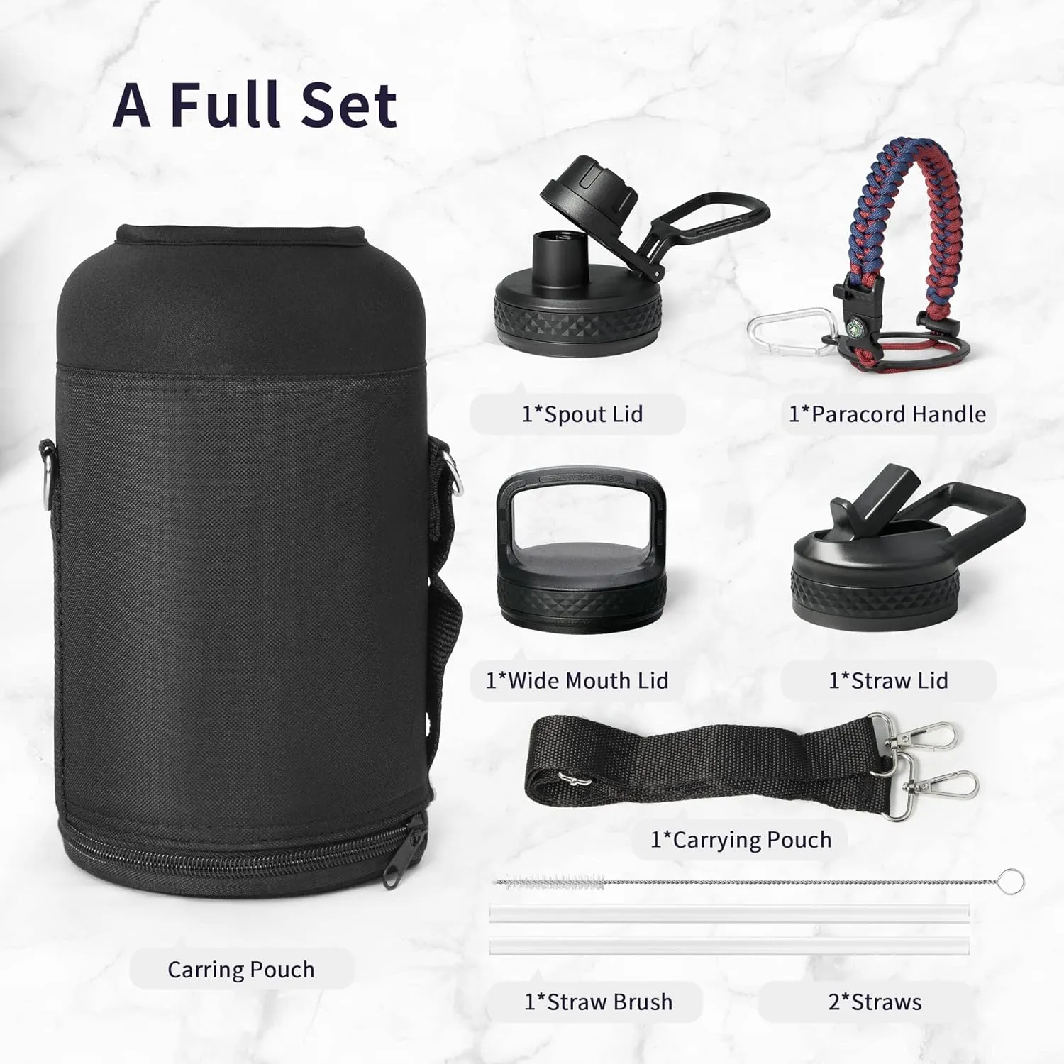 Trebo Insulated Water Bottle 64 oz, Half Gallon Metal Vacuum Water Jug with Paracord Handle and 3 Lids, Leakproof BPA-Free Flask Thermos for Gym Sports Hiking Travel, Keep Cold 48 Hours, Ruby Red