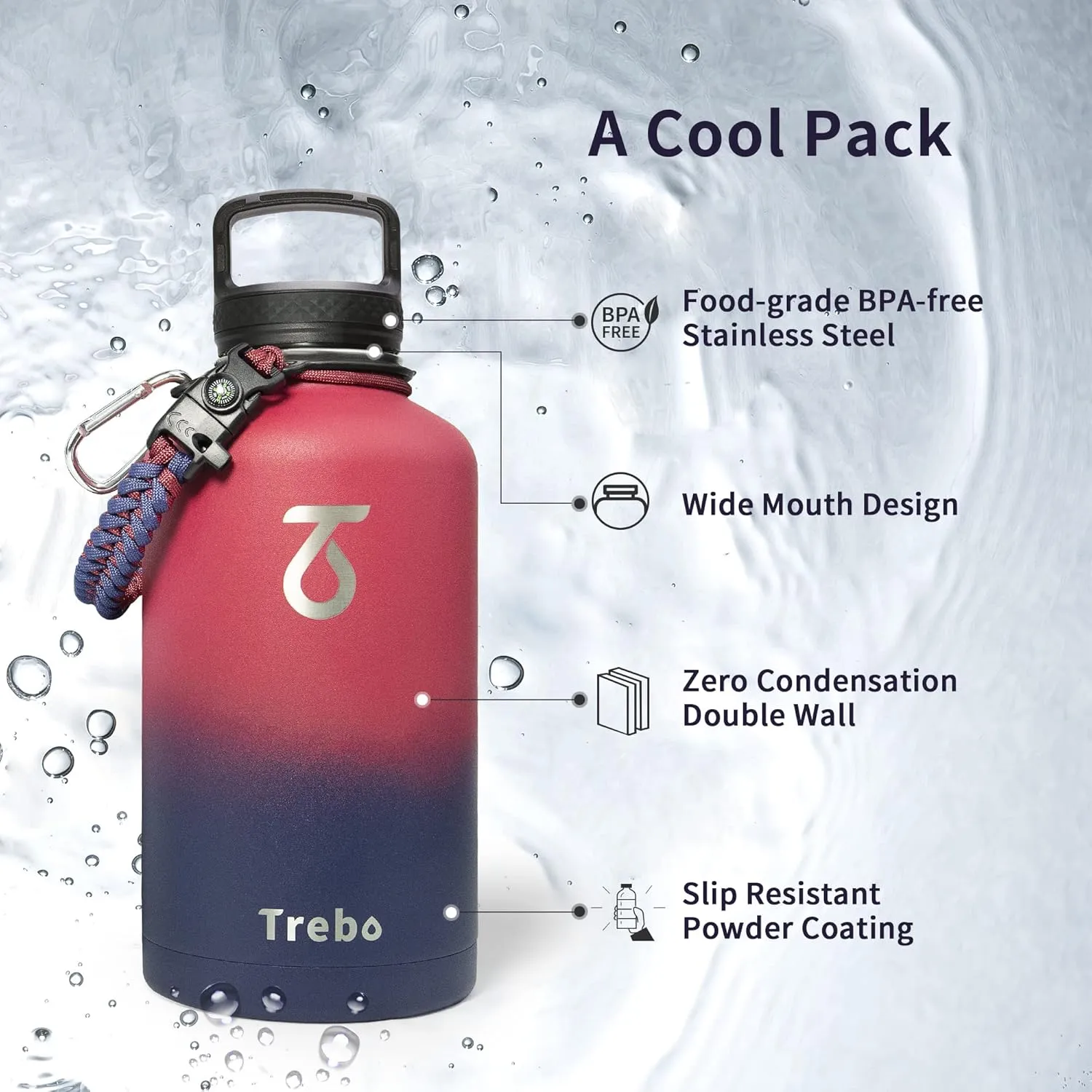 Trebo Insulated Water Bottle 64 oz, Half Gallon Metal Vacuum Water Jug with Paracord Handle and 3 Lids, Leakproof BPA-Free Flask Thermos for Gym Sports Hiking Travel, Keep Cold 48 Hours, Ruby Red