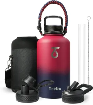 Trebo Insulated Water Bottle 64 oz, Half Gallon Metal Vacuum Water Jug with Paracord Handle and 3 Lids, Leakproof BPA-Free Flask Thermos for Gym Sports Hiking Travel, Keep Cold 48 Hours, Ruby Red