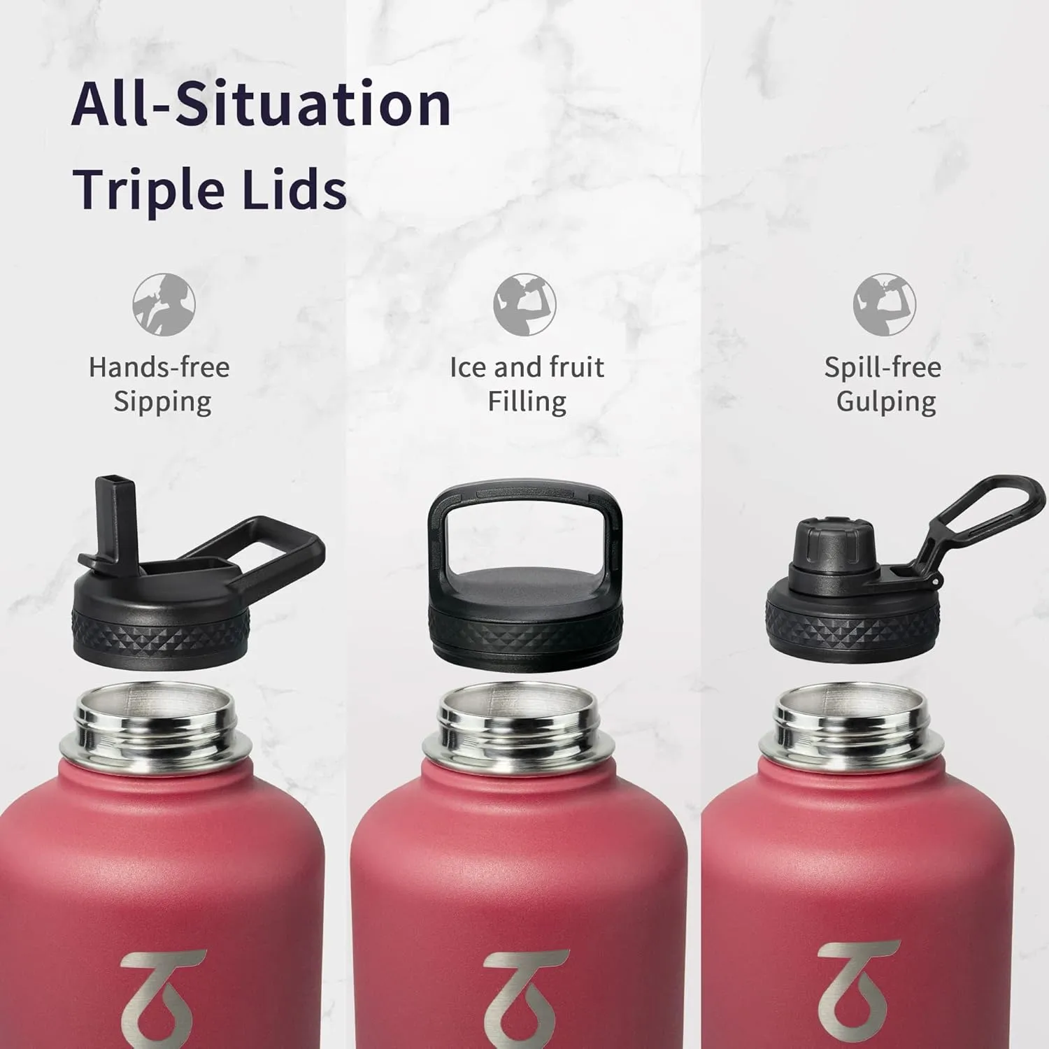 Trebo Insulated Water Bottle 64 oz, Half Gallon Metal Vacuum Water Jug with Paracord Handle and 3 Lids, Leakproof BPA-Free Flask Thermos for Gym Sports Hiking Travel, Keep Cold 48 Hours, Ruby Red