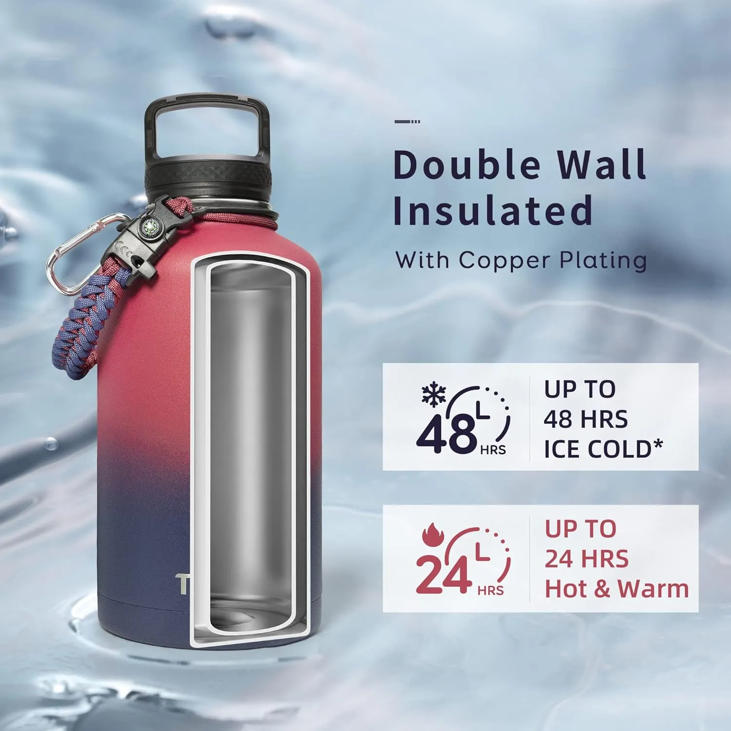Trebo Insulated Water Bottle 64 oz, Half Gallon Metal Vacuum Water Jug with Paracord Handle and 3 Lids, Leakproof BPA-Free Flask Thermos for Gym Sports Hiking Travel, Keep Cold 48 Hours, Ruby Red