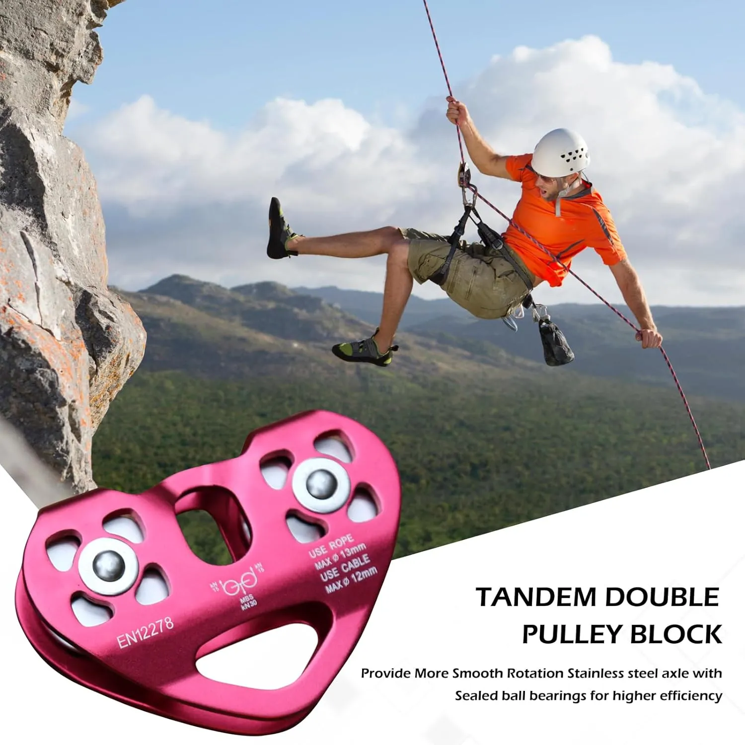 TRIWONDER 20kN 30kN Climbing Pulley Zipline Tandem Speed Dual Trolley Kit for Cable & Rope Rescue Climbing Hauling Backyard Zip Line