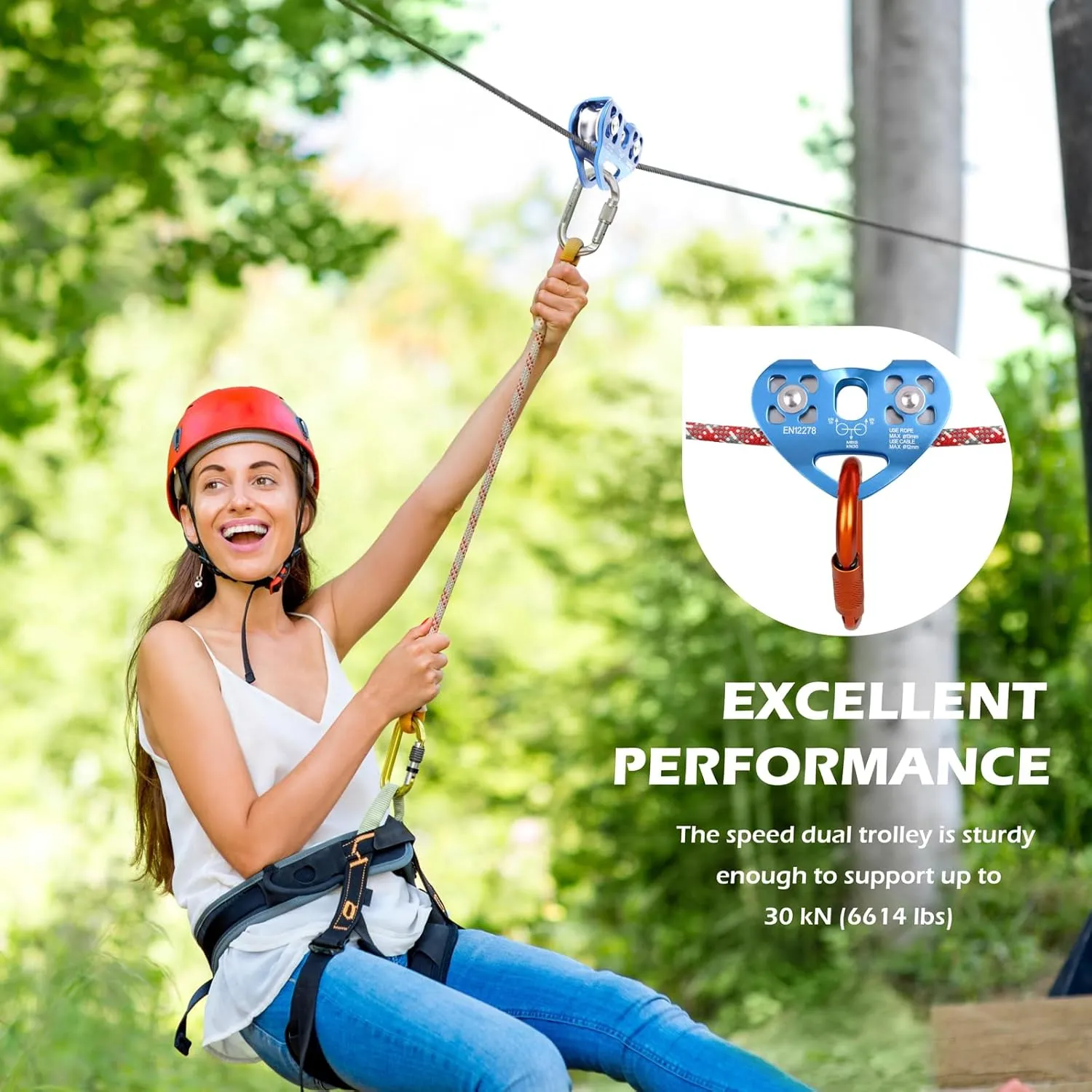 TRIWONDER 20kN 30kN Climbing Pulley Zipline Tandem Speed Dual Trolley Kit for Cable & Rope Rescue Climbing Hauling Backyard Zip Line