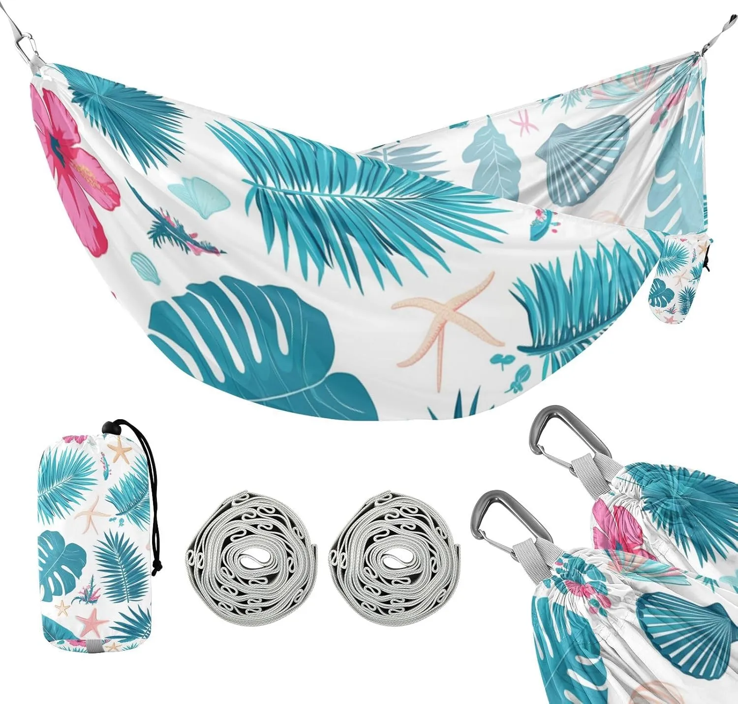 Tropical Red Flowers Palm Leaves Starfish Bright Turquoise 330lb Capacity Hammocks for Camping with Portabl Carry Bag Rope Hammock for Outside Camping Essentials macas mexicanas de Patio para